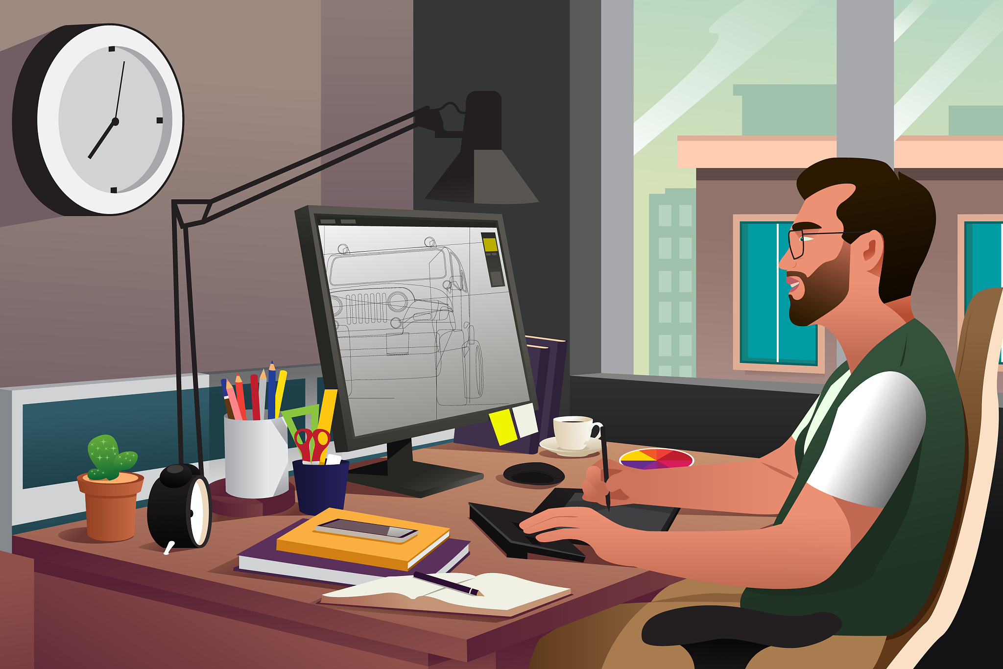 working in front of computer