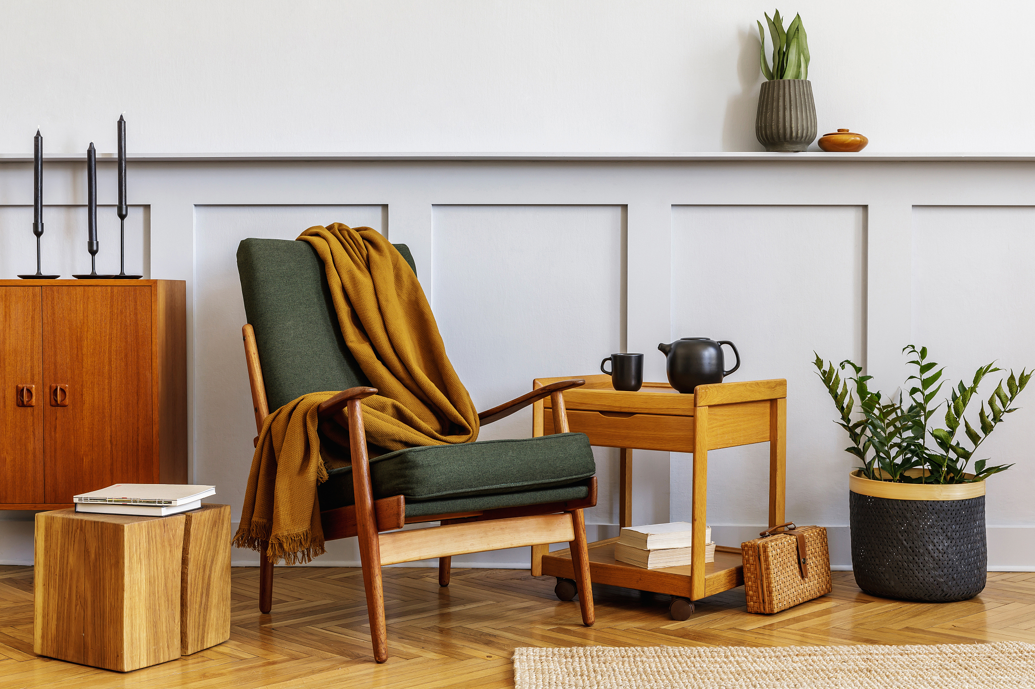 interior design of stylish living room with vintage green armcha