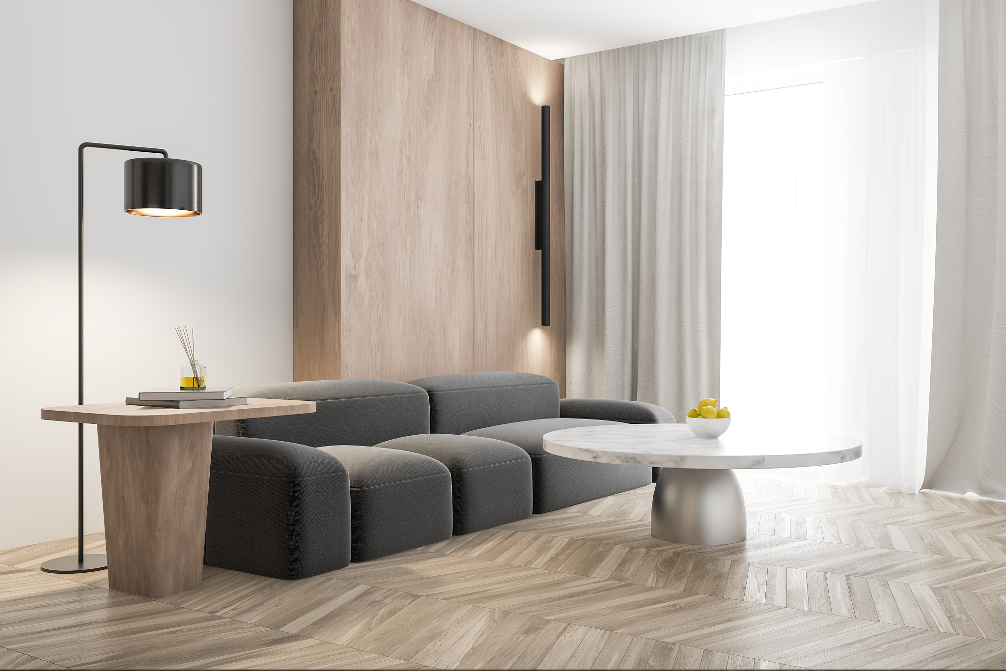 white and wooden living room corner, gray sofa
