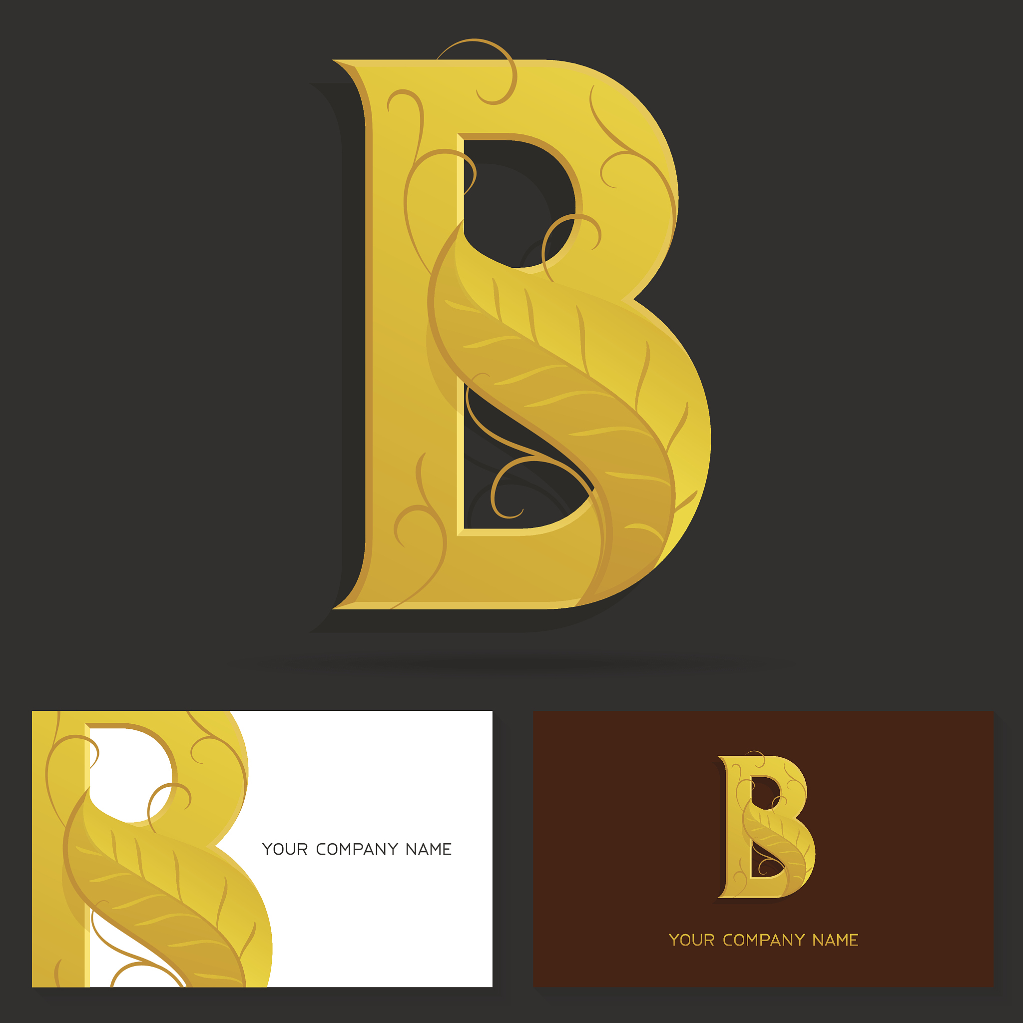 letter b logo design template. golden sign with a leaf.