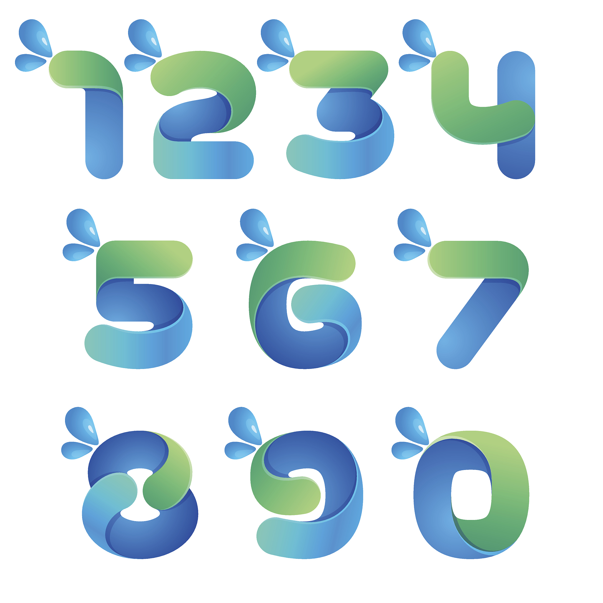 numbers set icons with water waves and drops.