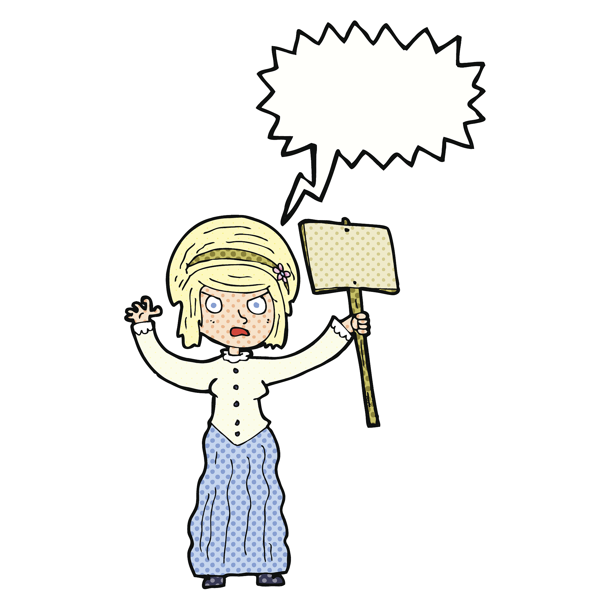 cartoon vicorian woman protesting with speech bubble