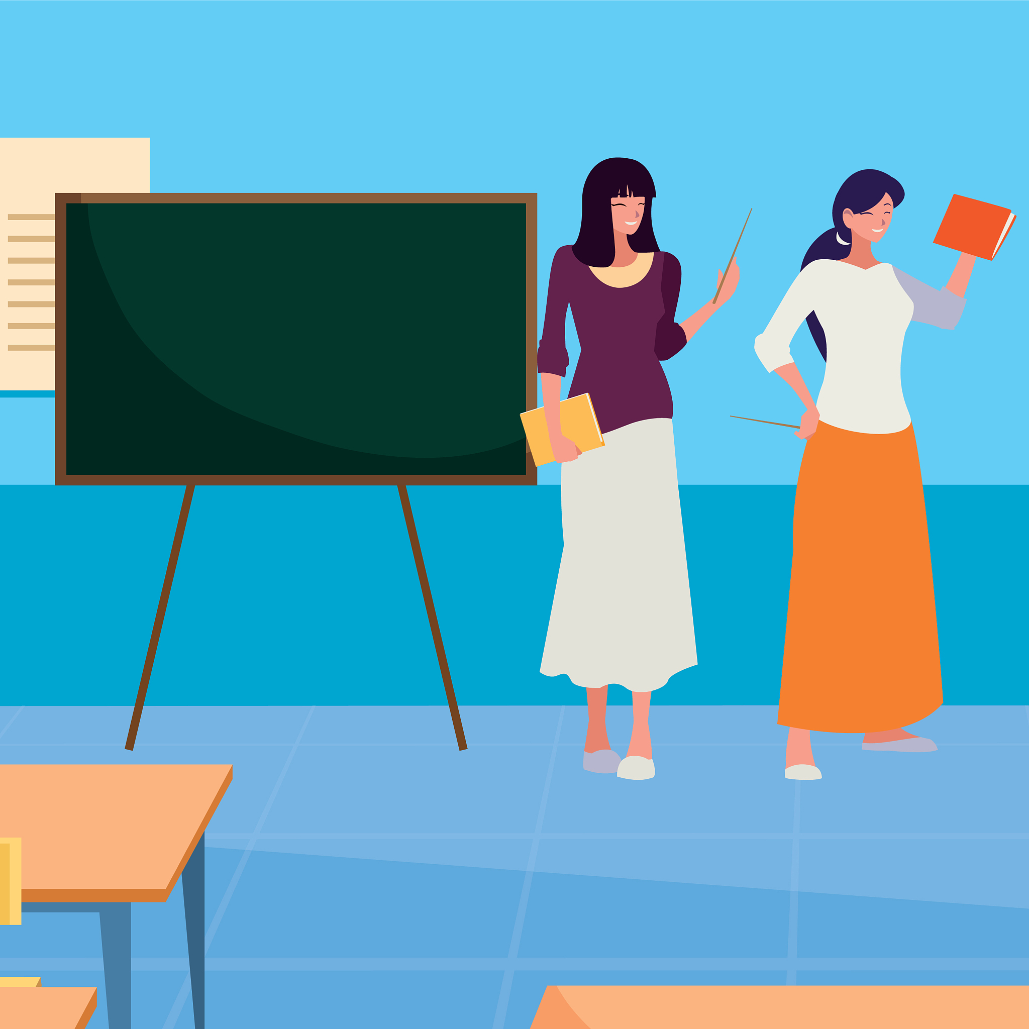 female teachers couple with in classroom