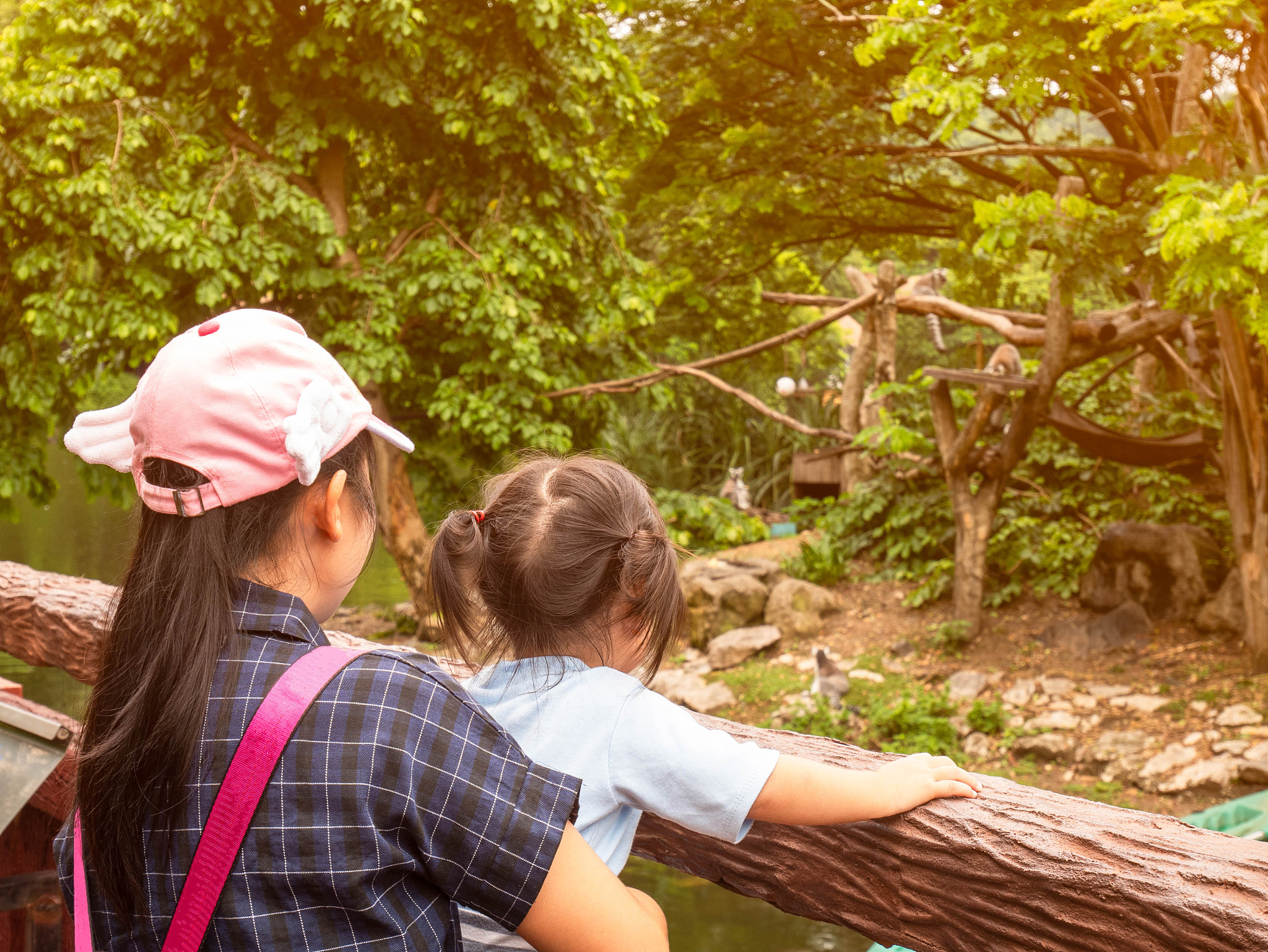 rear view of mother and daughter watching zoo animals