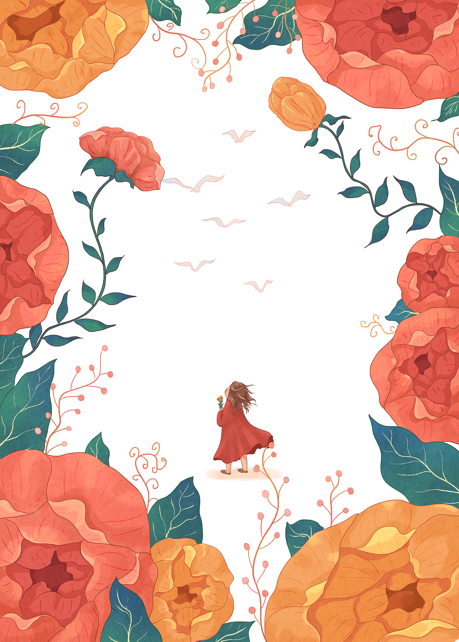 花朵下的女孩女生节插画2