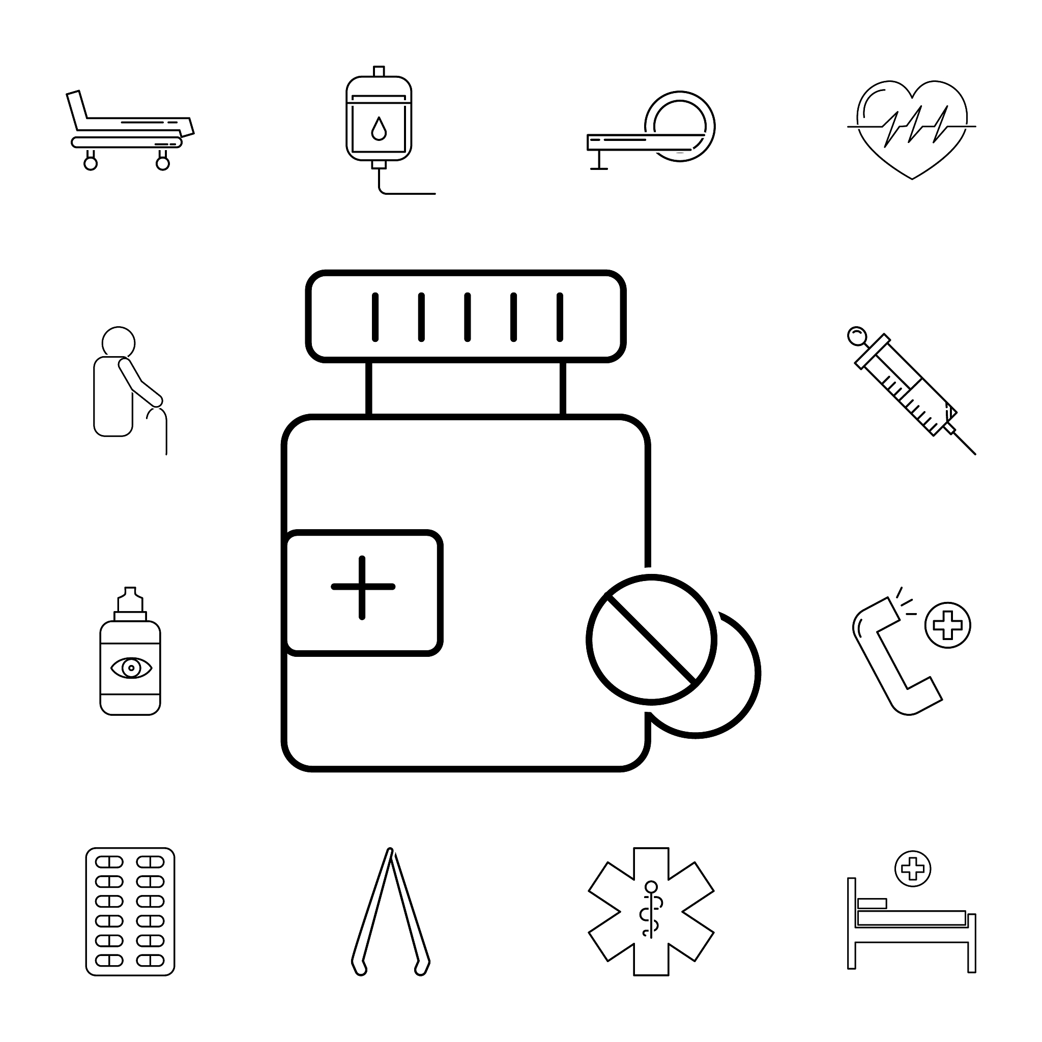 medicine bottle and pills line icon. set of medicine tools icons
