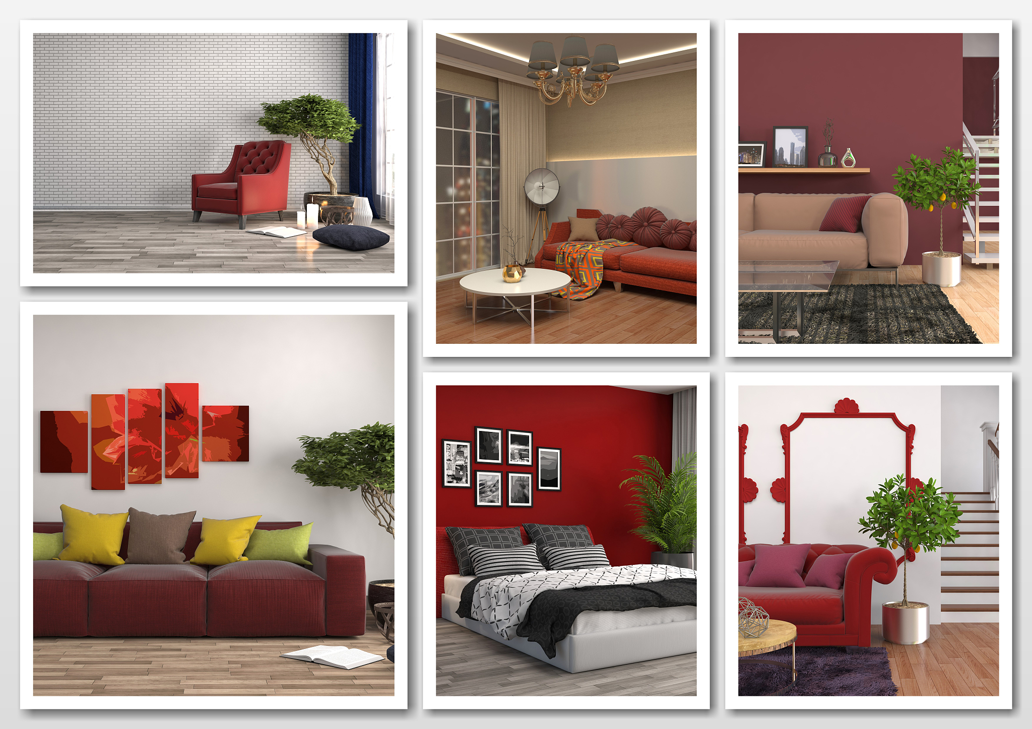 collage of modern home red interior. 3d illustration