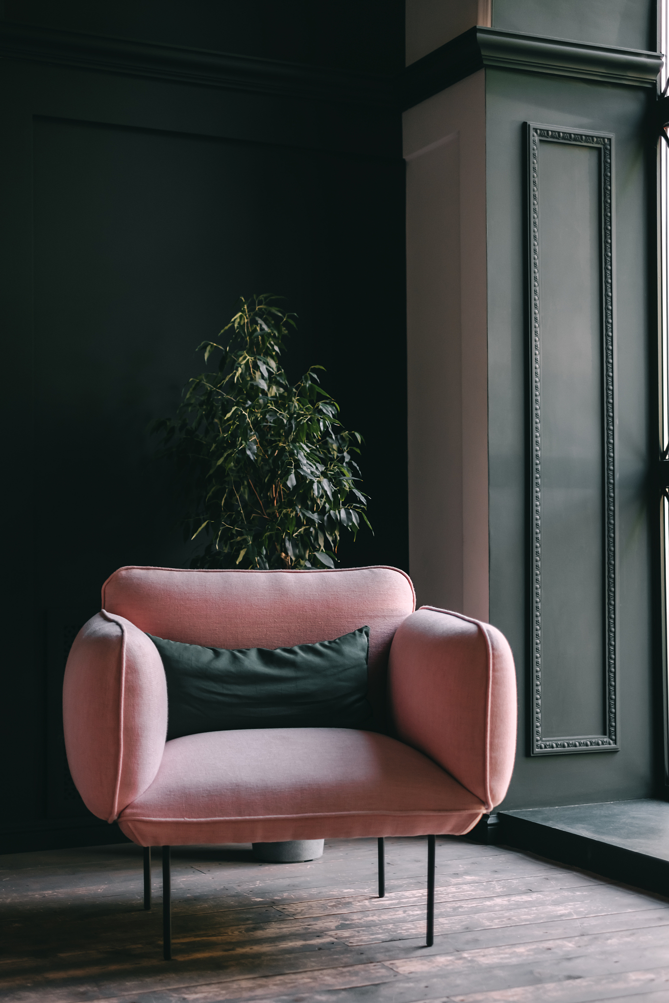 pink armchair in the living room, interior details. nobody