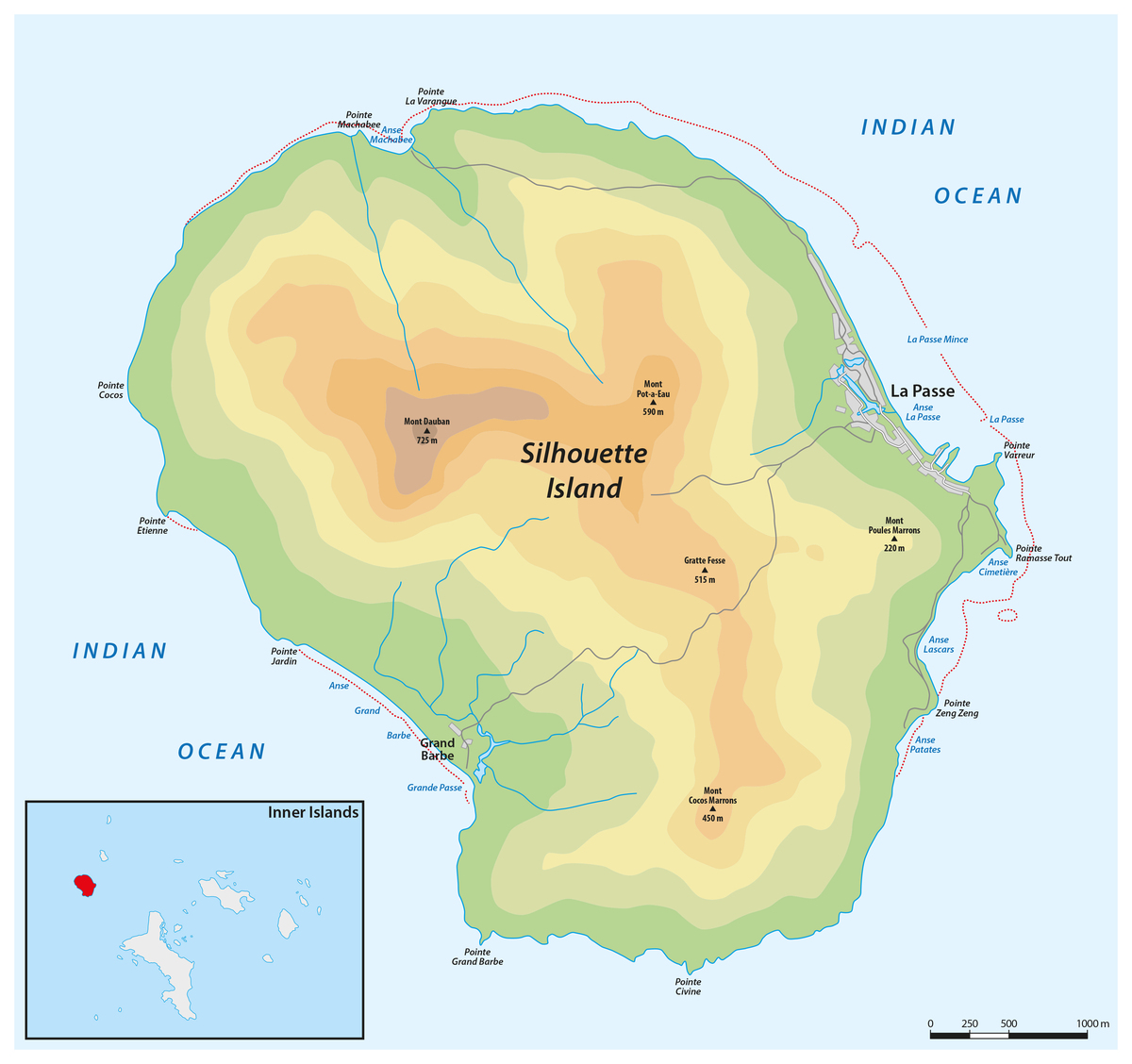 塞舌尔群岛轮廓地图