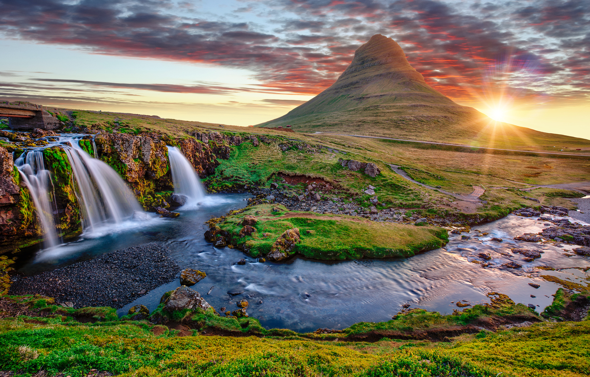 beautiful landscape with sunrise on kirkjufellsfoss waterfall an