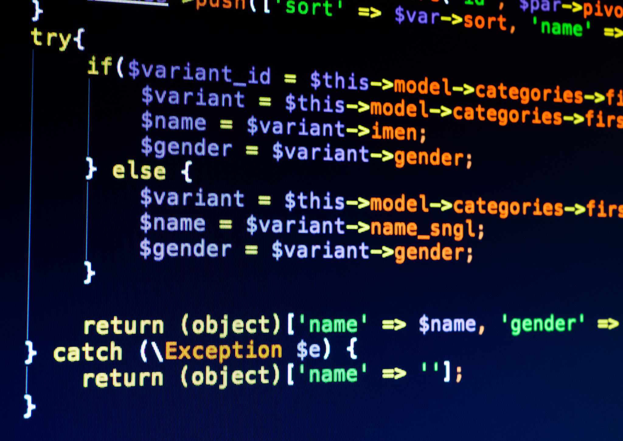 php code of different colors on the dark blue background