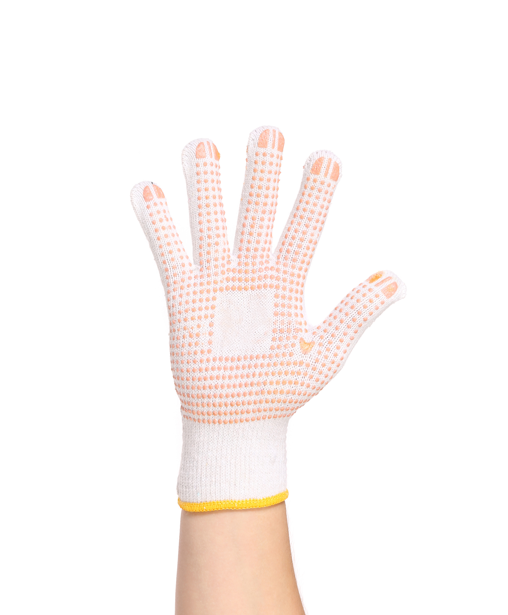 thin work glove with red pimple.