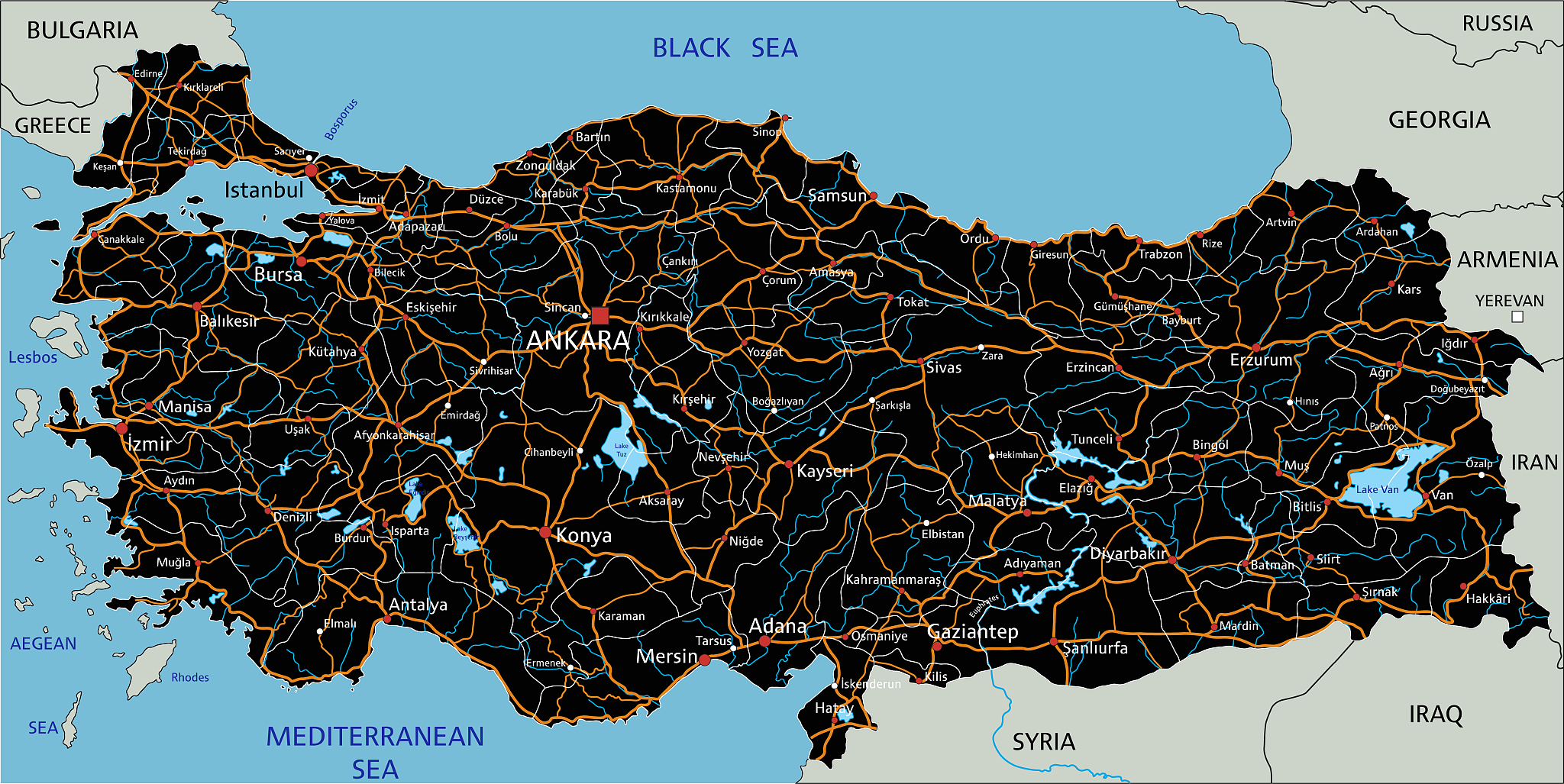 high detailed turkey road map with labeling.