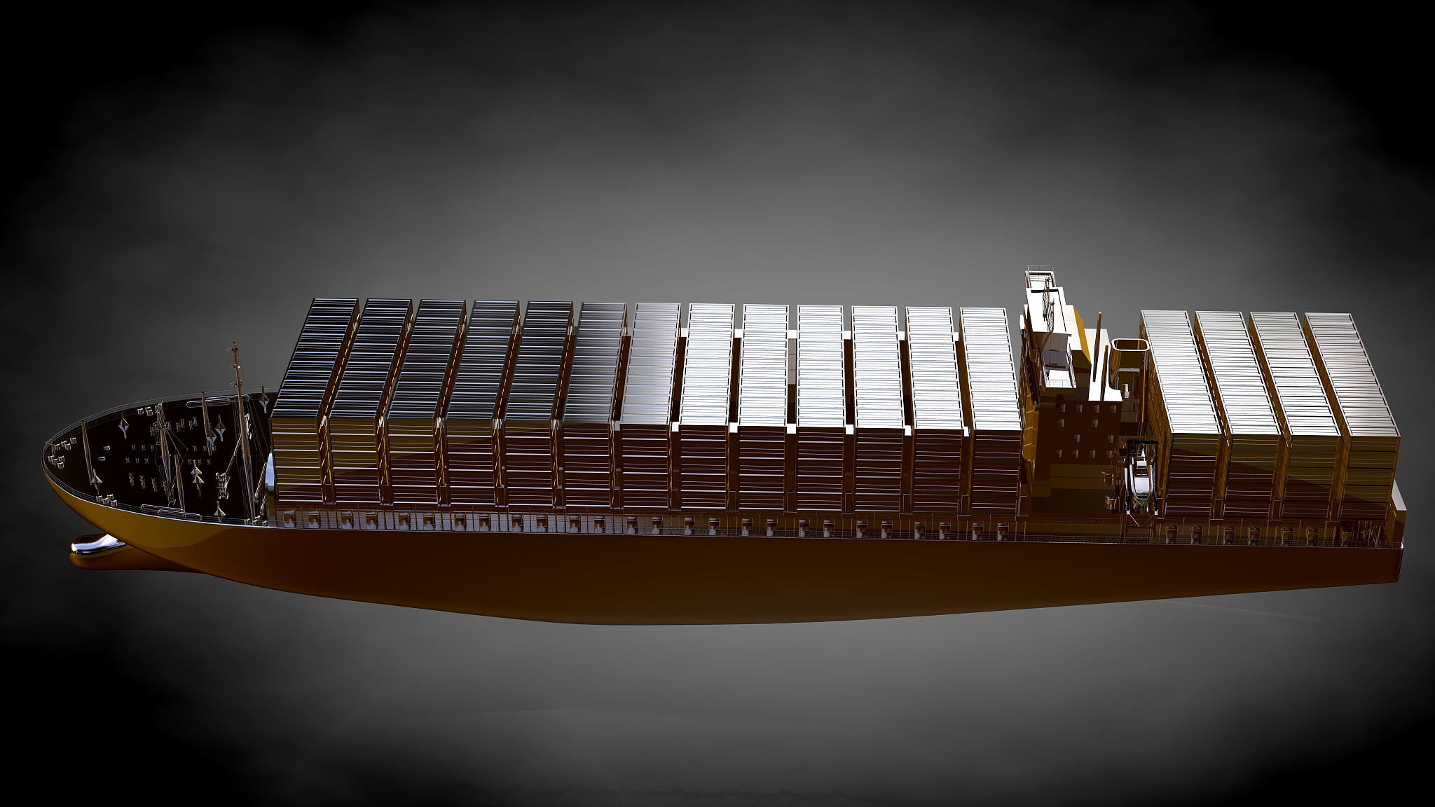 3d rendering of a golden ship on a dark background