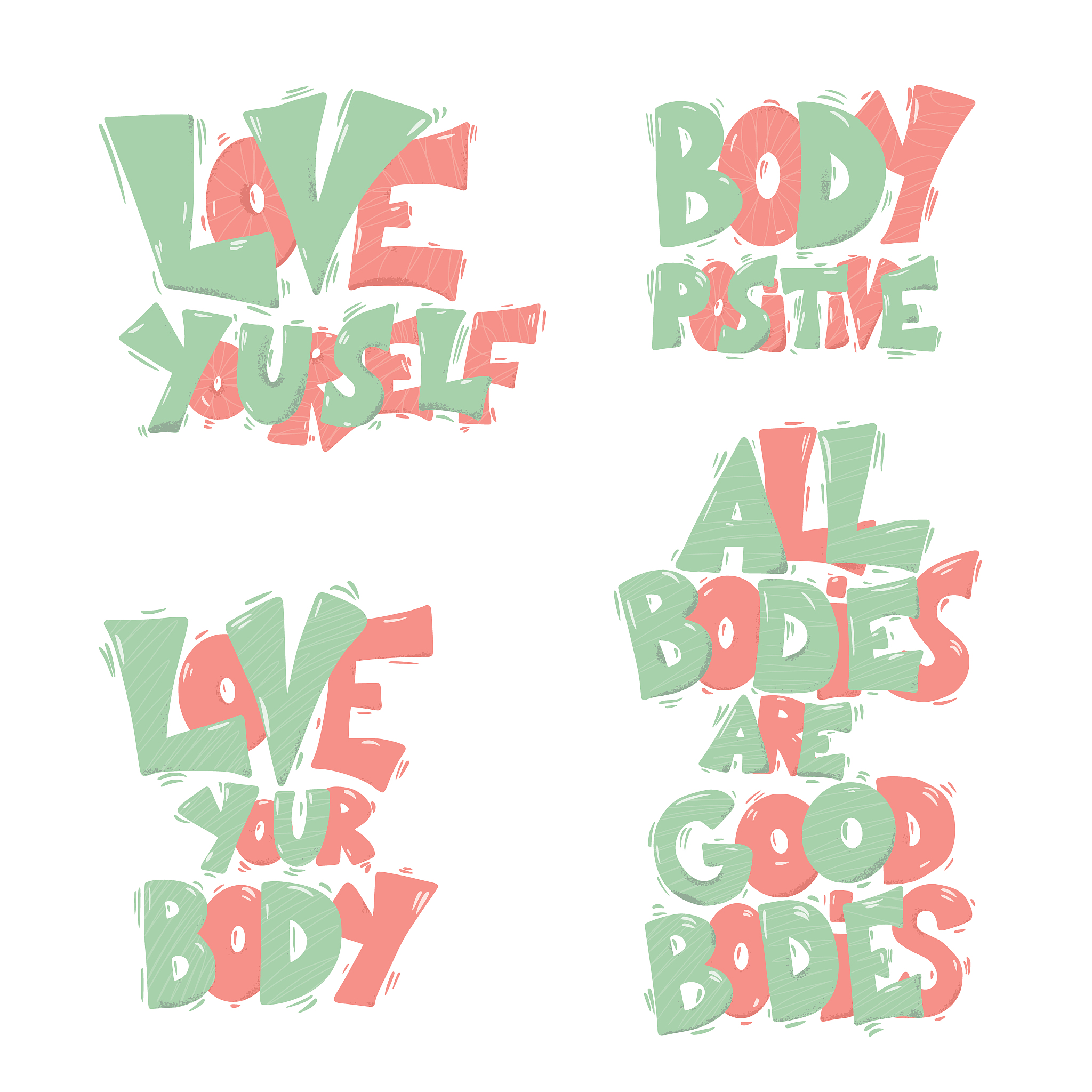 body positive phrases. love yourself. vector set.