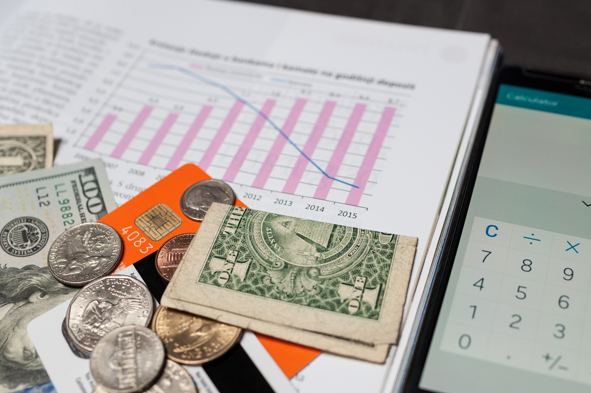 business and finance concept: graph, money, cards, calculator, c