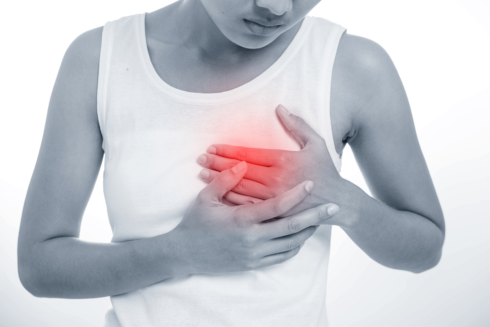 woman having heart attack, feeling strong pain in chest. portrai