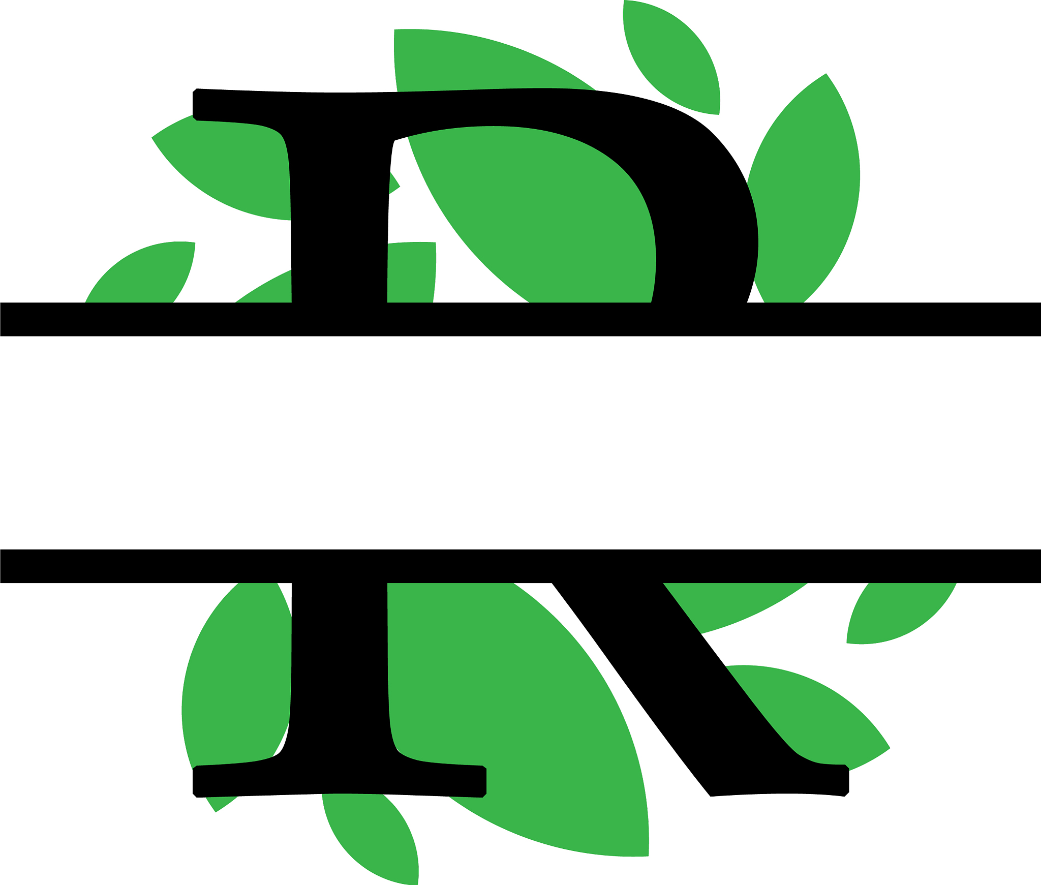 initial r green leaf monogram split letter