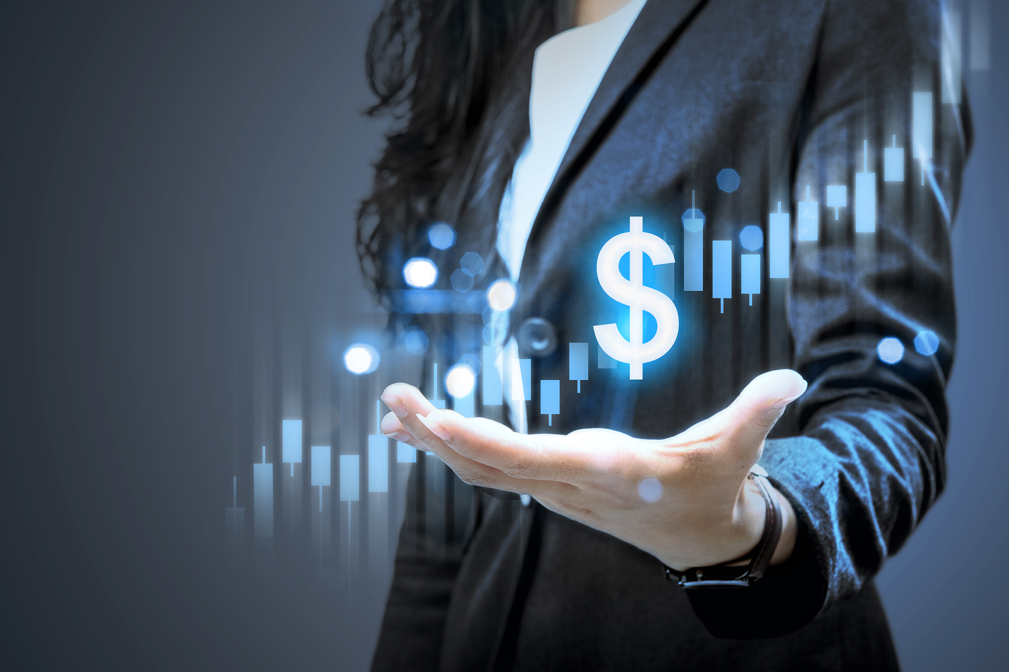 businesswoman showing a dollar virtual bar chart