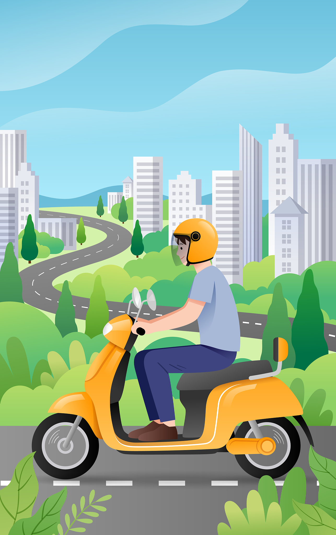一个男生骑摩托车行驶在城市的道路上