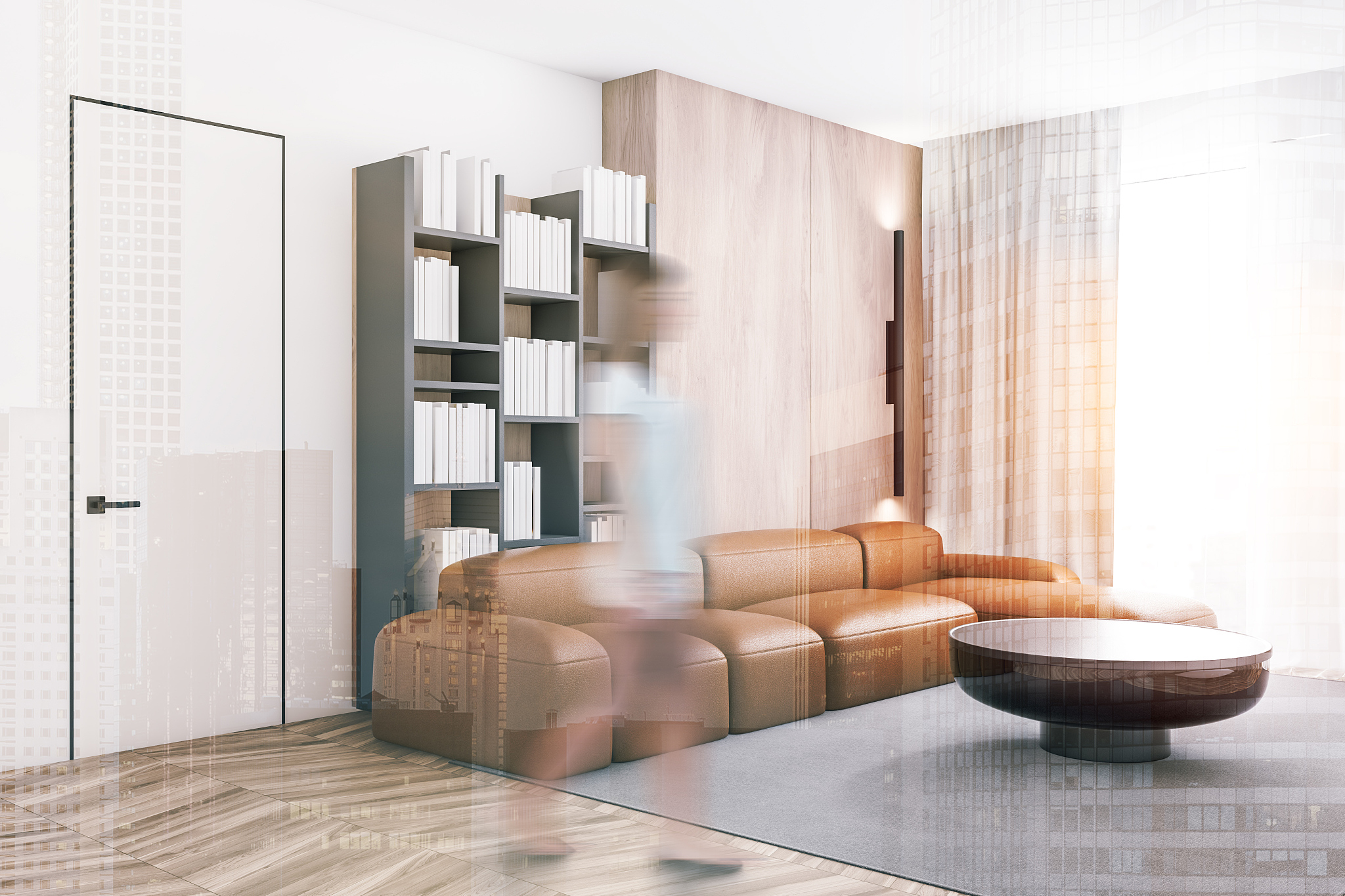 woman walking in living room with leather sofa