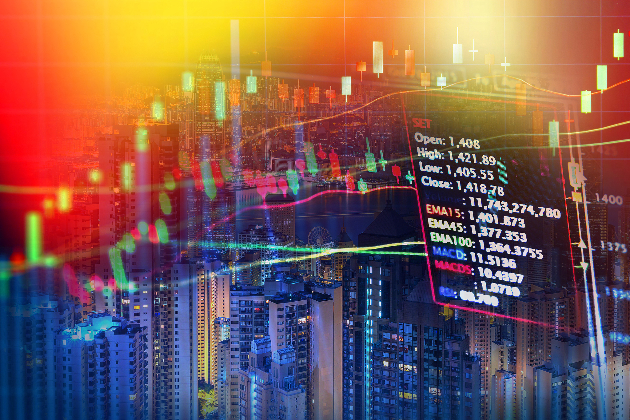 stock market concept with cityscape background,real estate conce