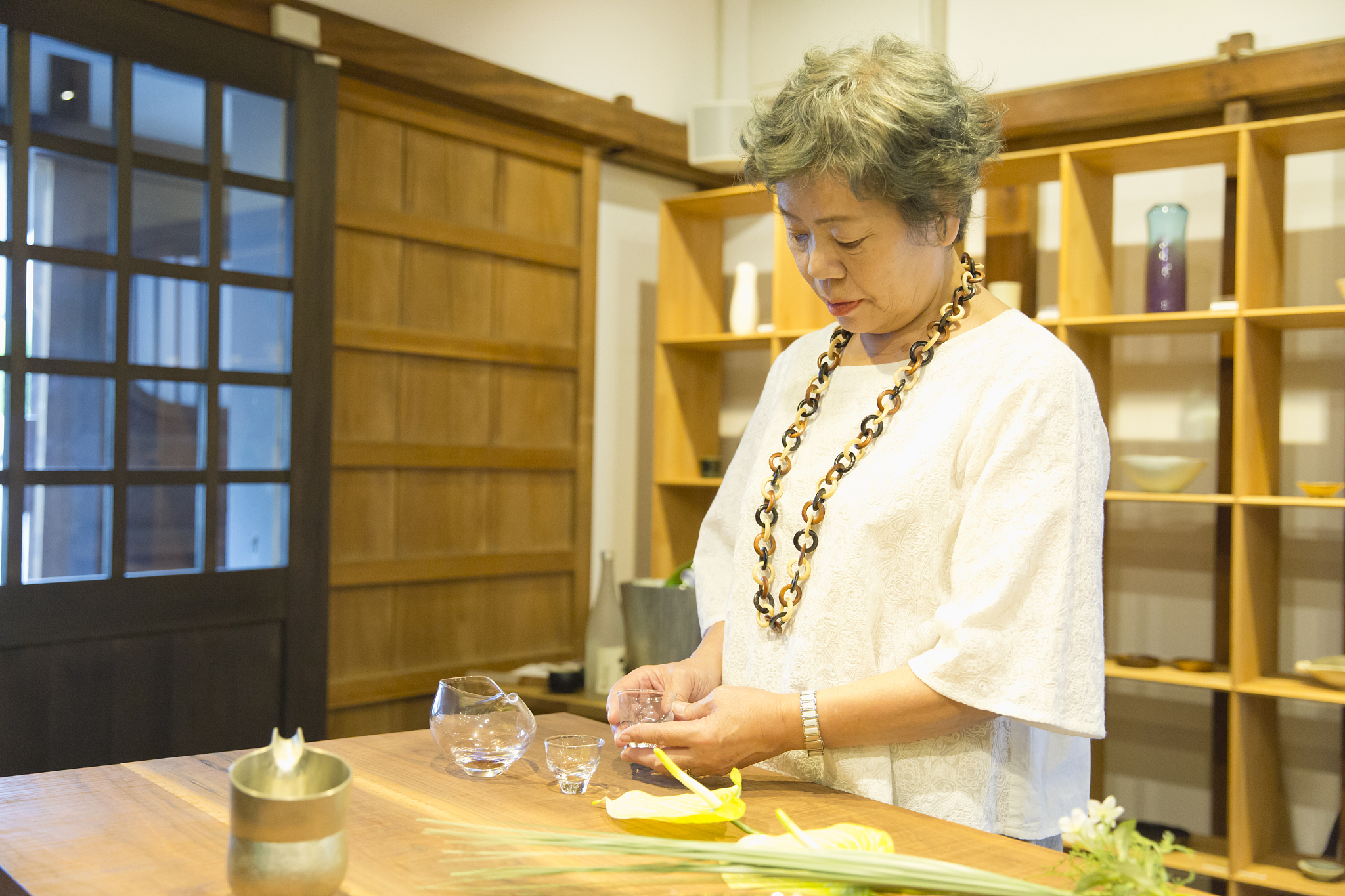 senior woman having products