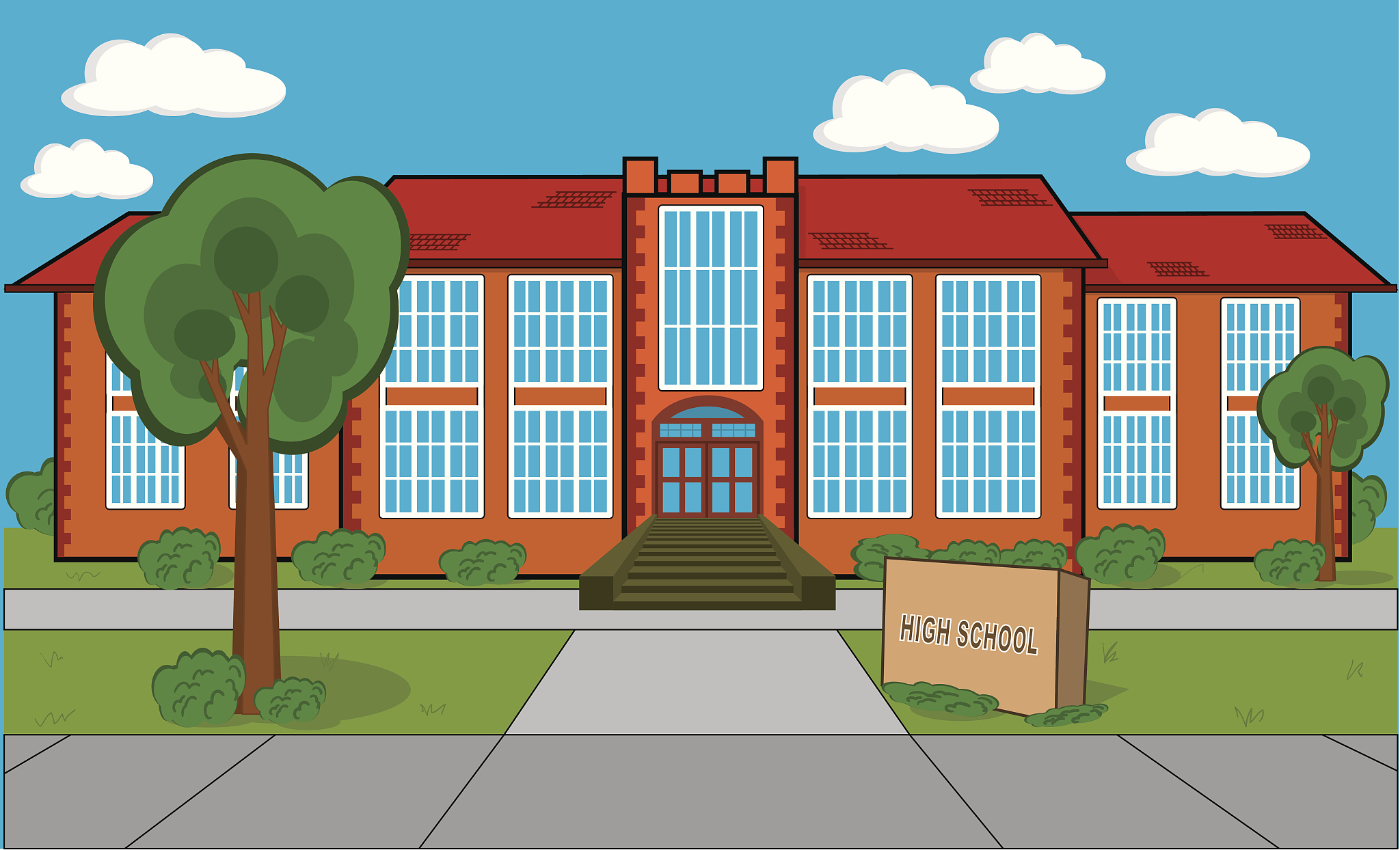 high school building cartoon with entrance sign