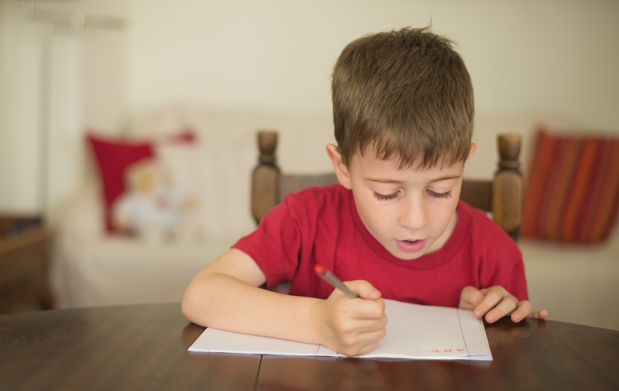 little boy writes in notebook alphabet