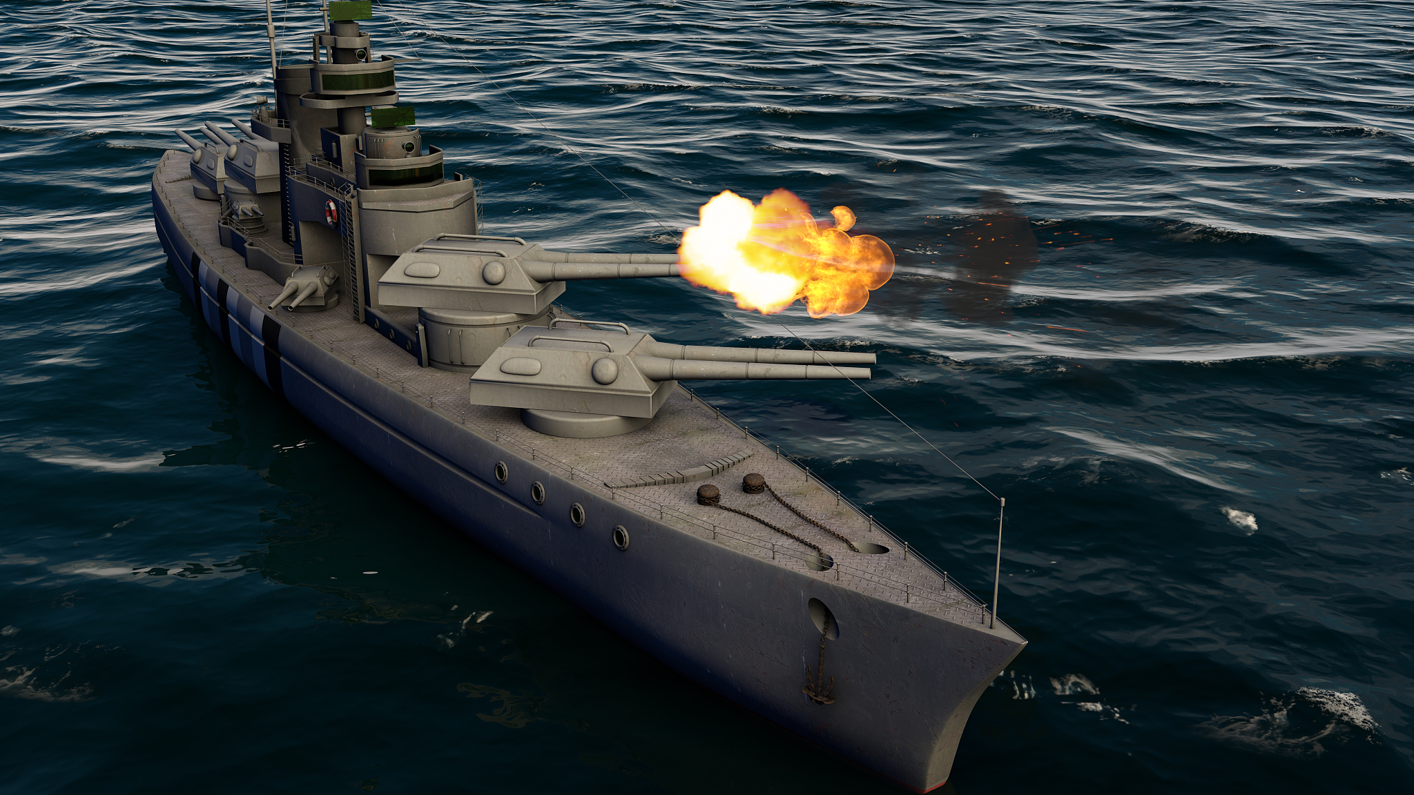 3d illustration of a battleship firing with heavy caliber guns