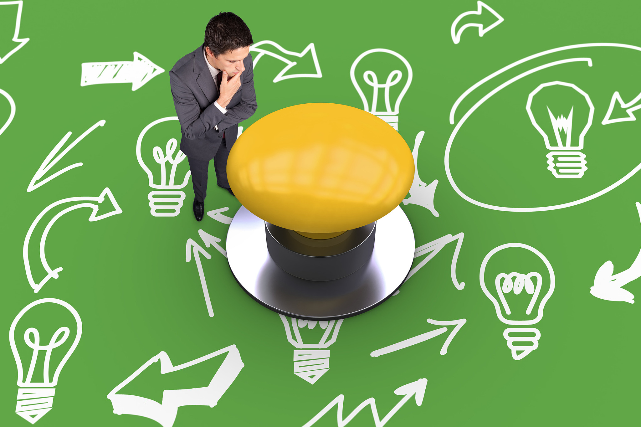 thinking businessman touching his chin against green graphic bac