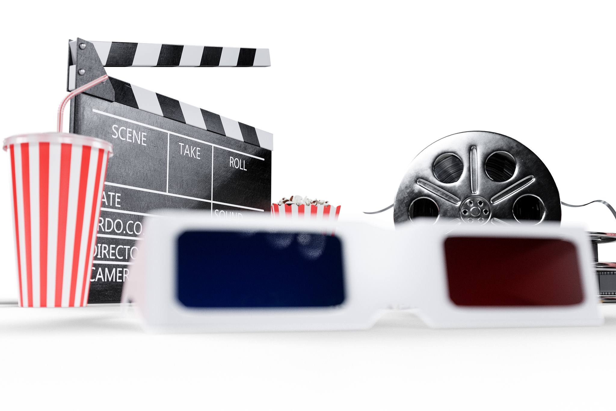 3d illustration, director chair, movie clapper, popcorn, 3d glas