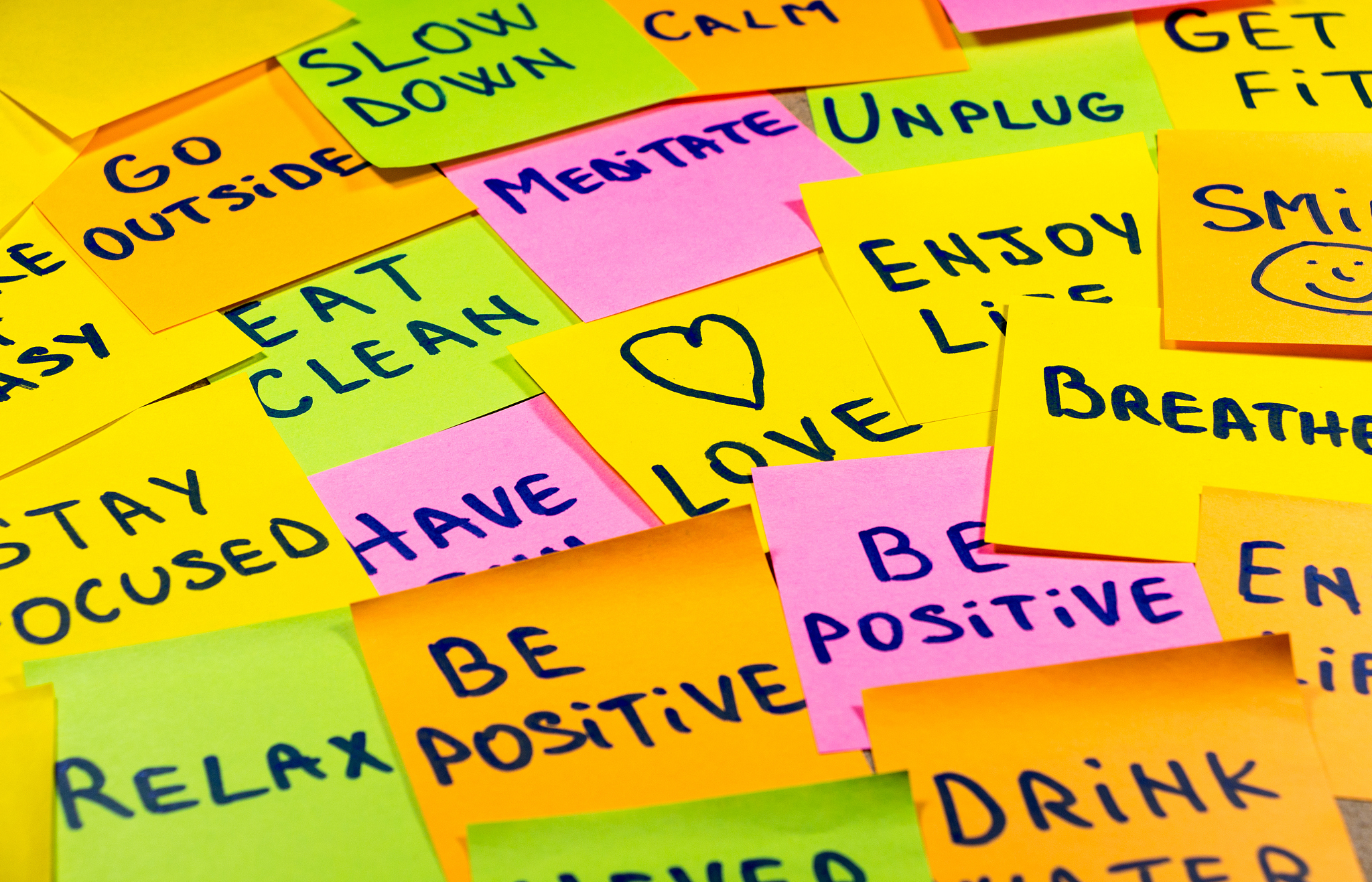 motivational lifestyle reminders on colorful sticky notes