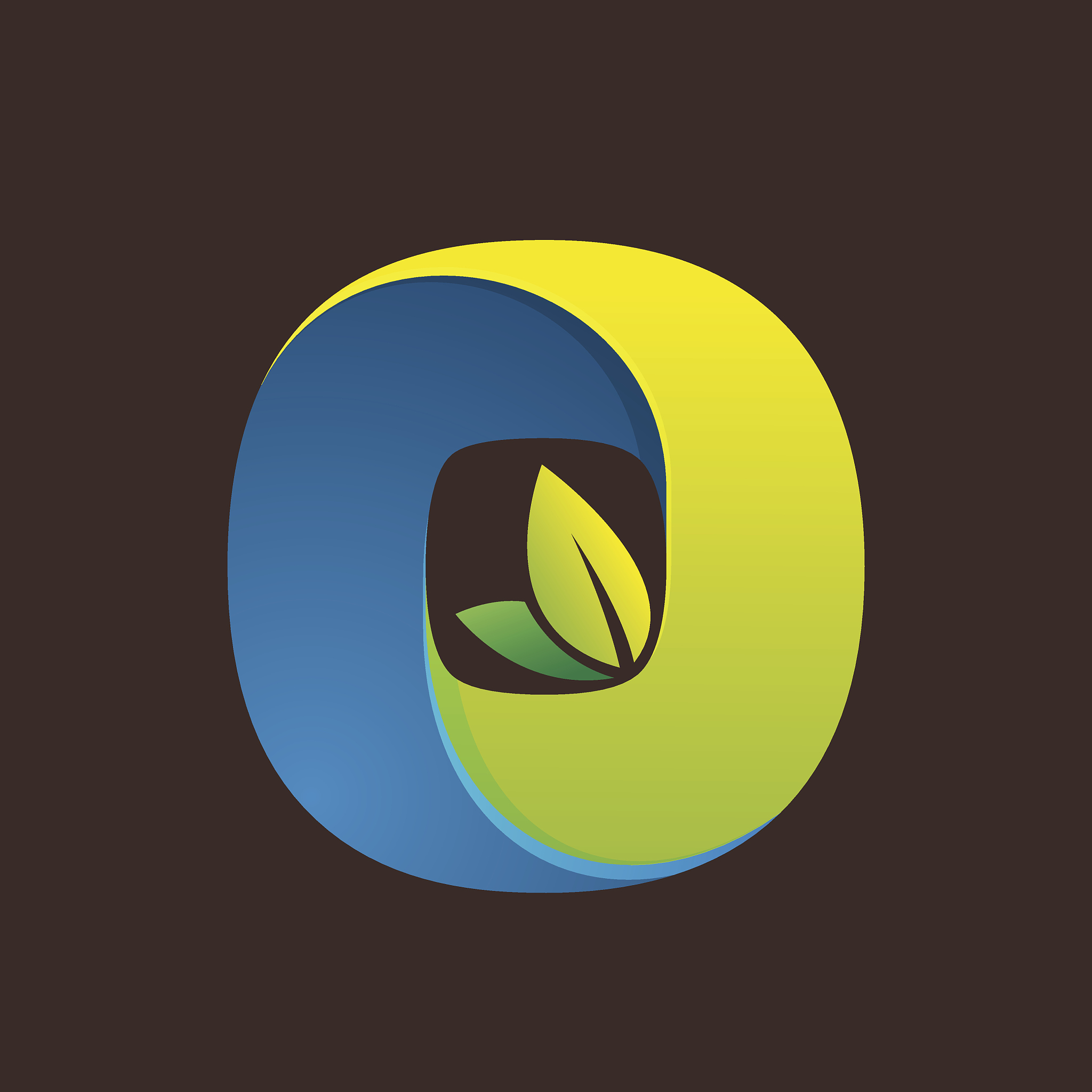 o letter icon with green leaves.