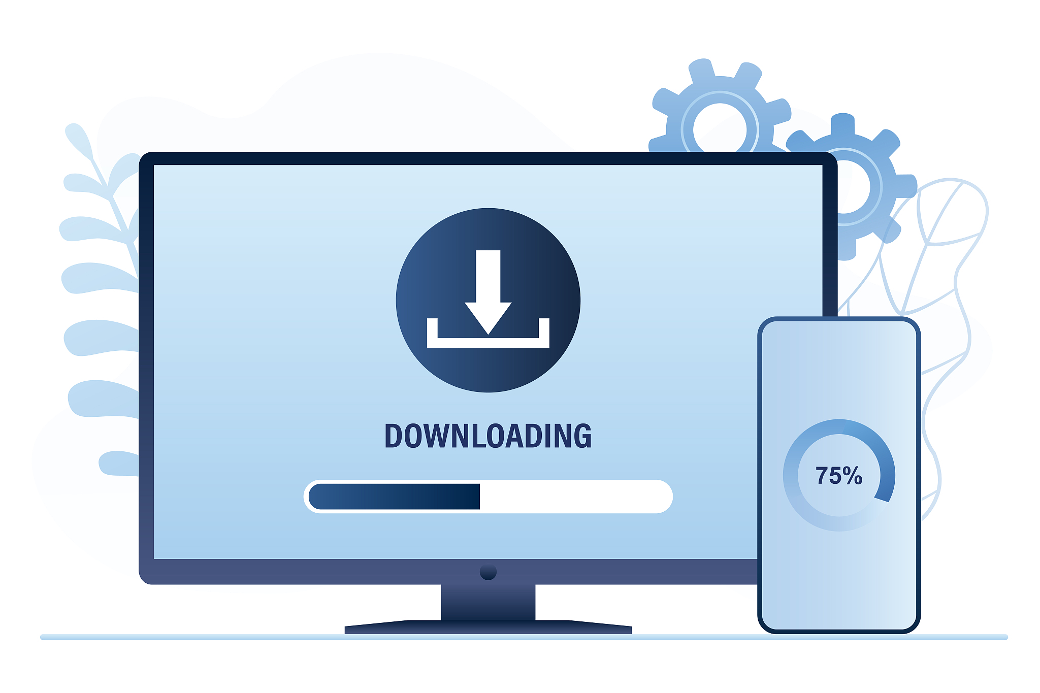 downloading files on pc or smartphone. software page on monitor 