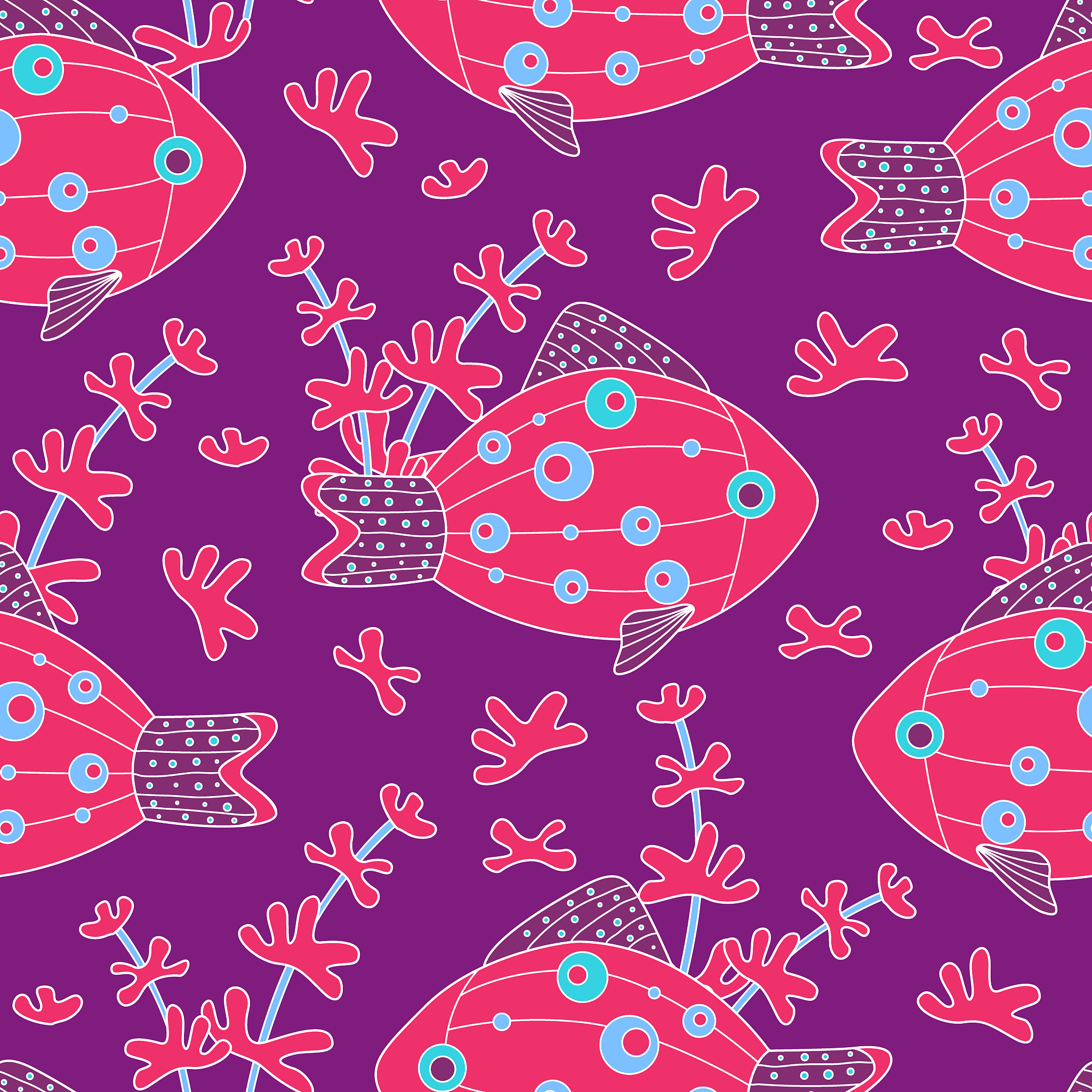 fish and seaweed on purple background. seamless pattern for fabr