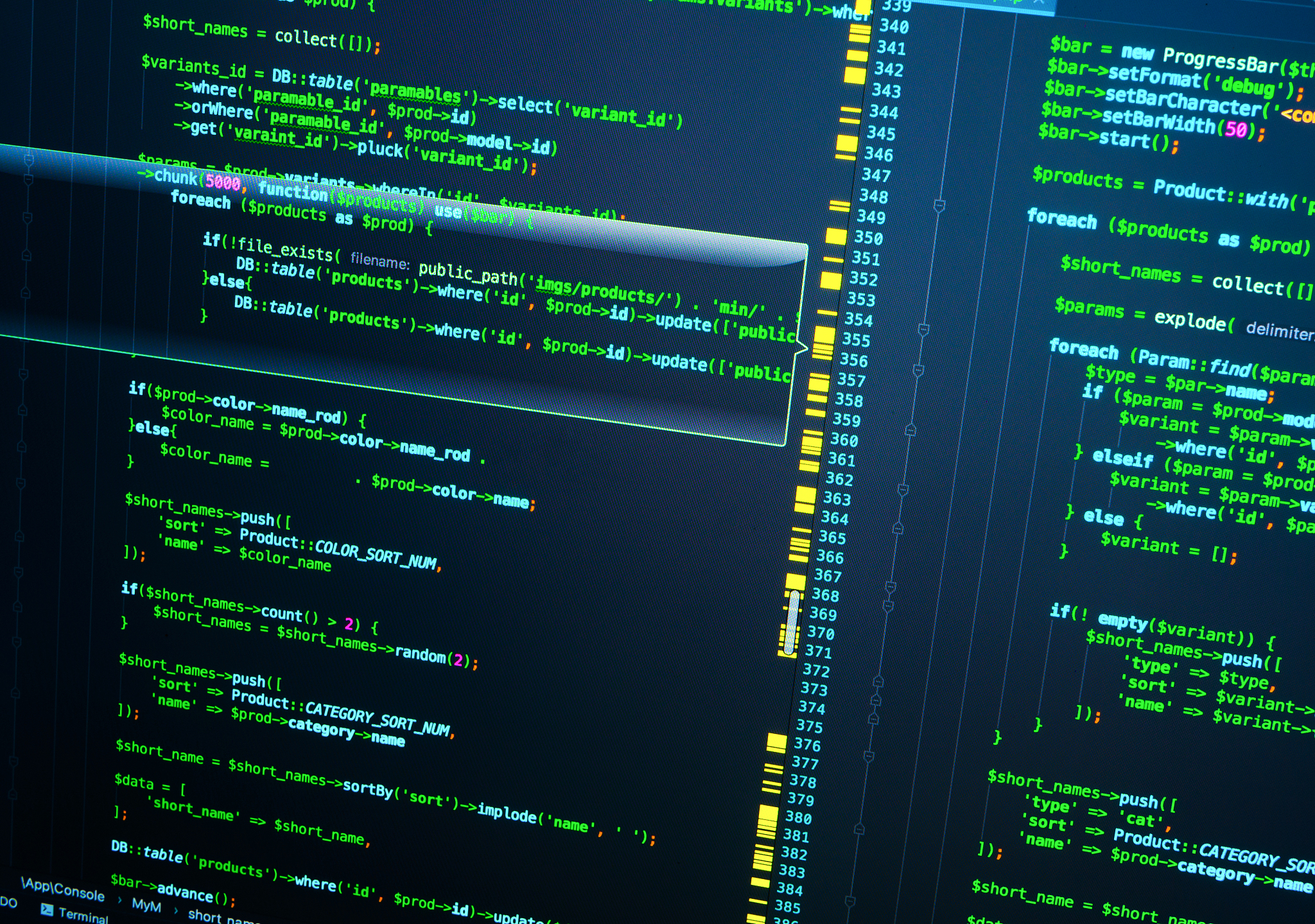 php code on the screen, extreme close up. php coding on dark blu