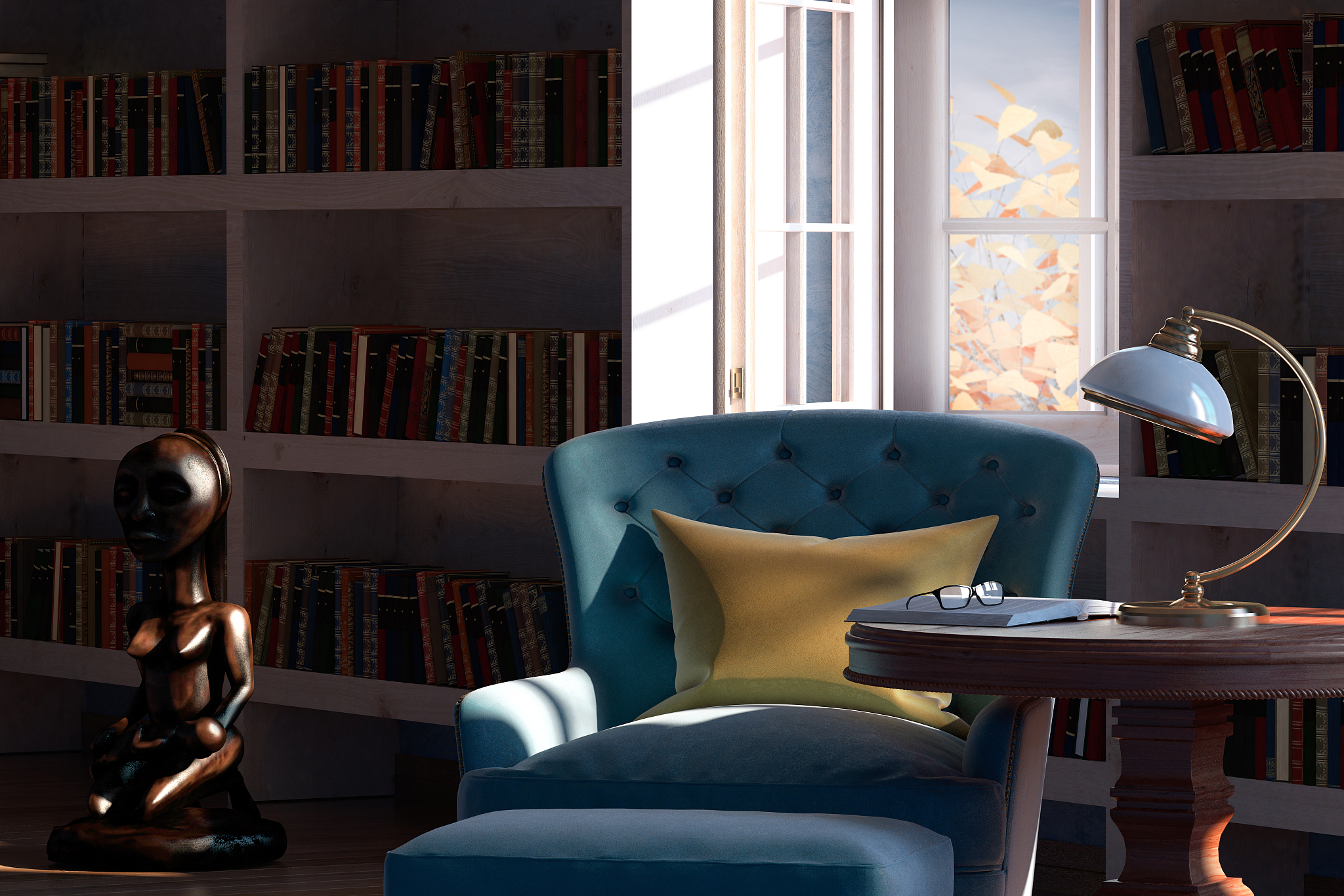 living room with a library