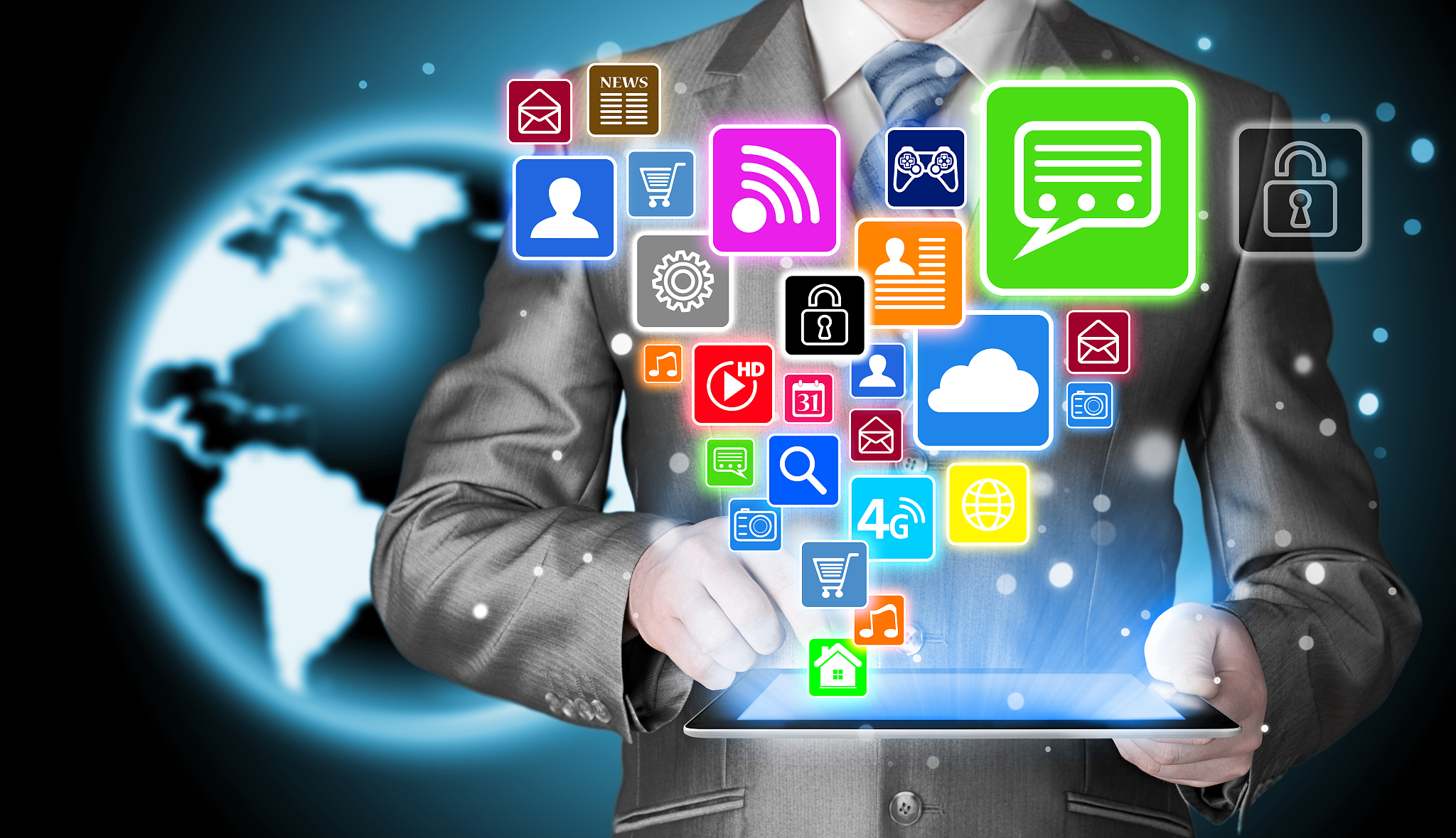 business man using tablet pc with social media icon set