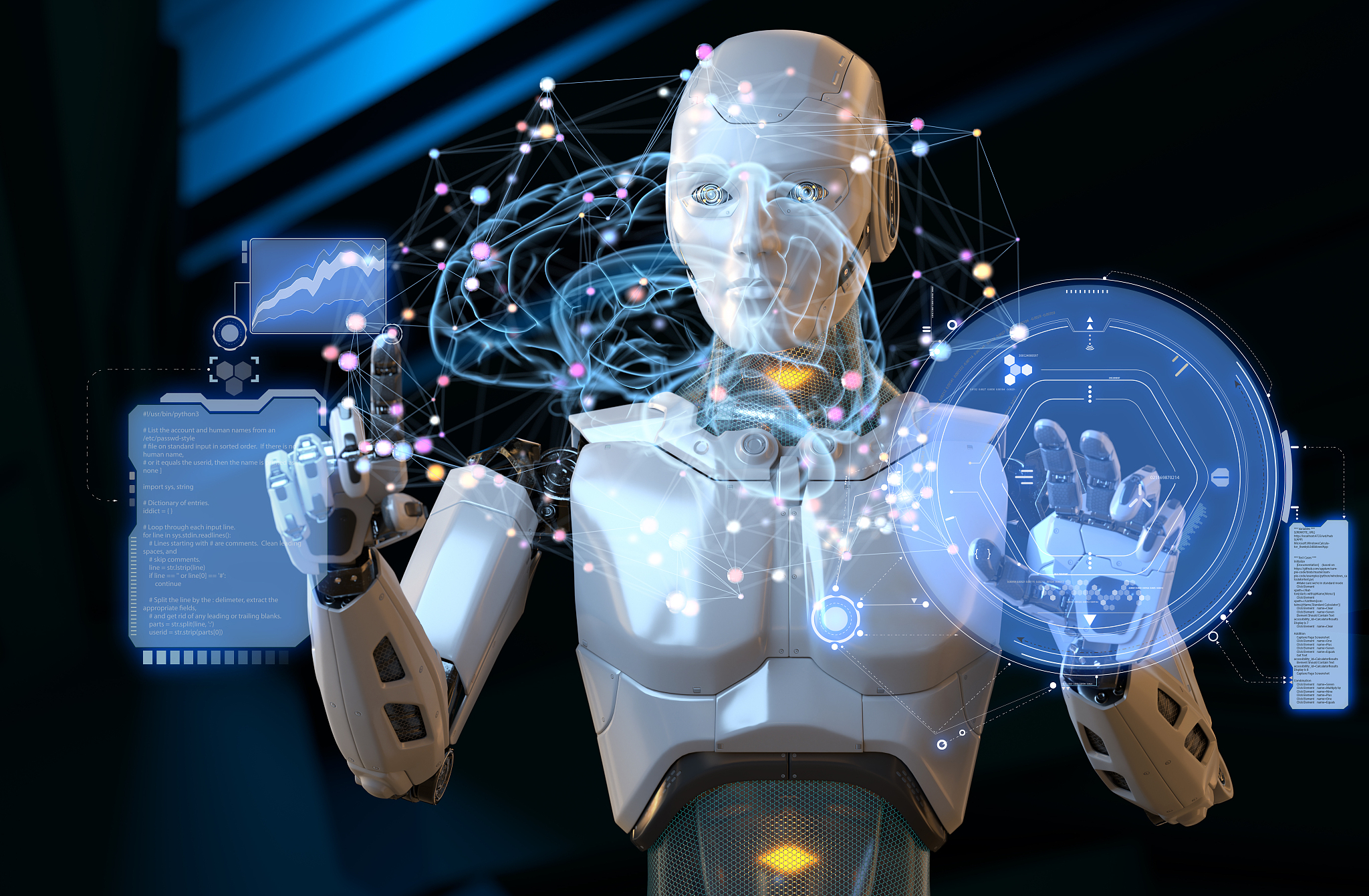 robot working with futuristic touchscreen.