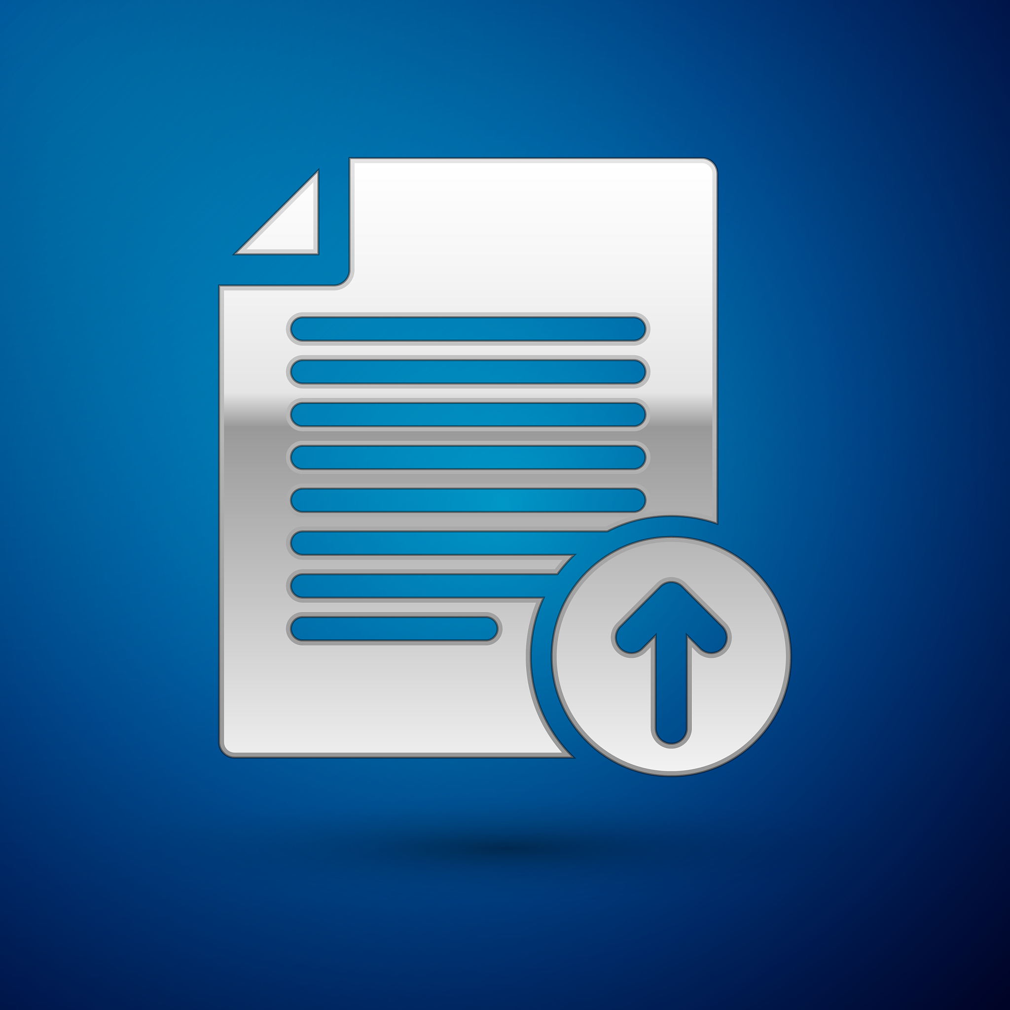 silver upload file icon isolated on blue
