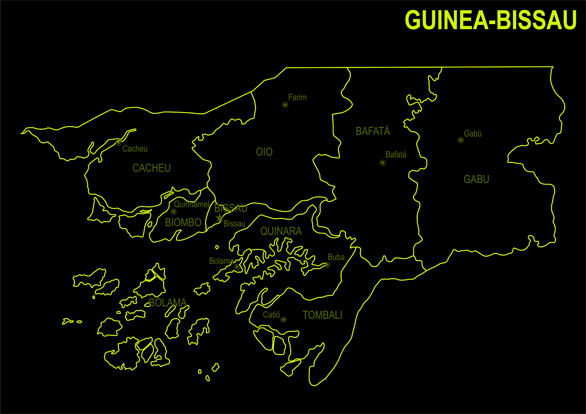 neon map of guinea-bissau against black background
