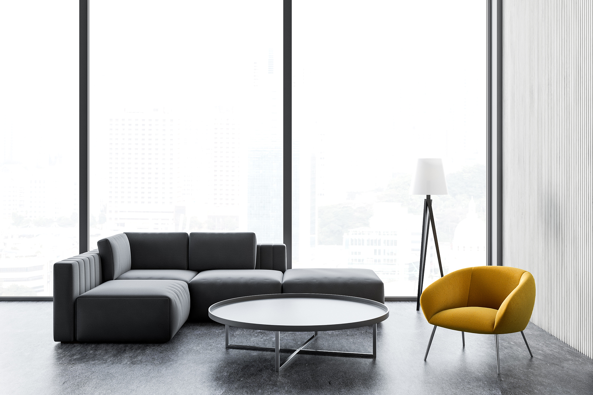 gray sofa, yellow armchair living loft room
