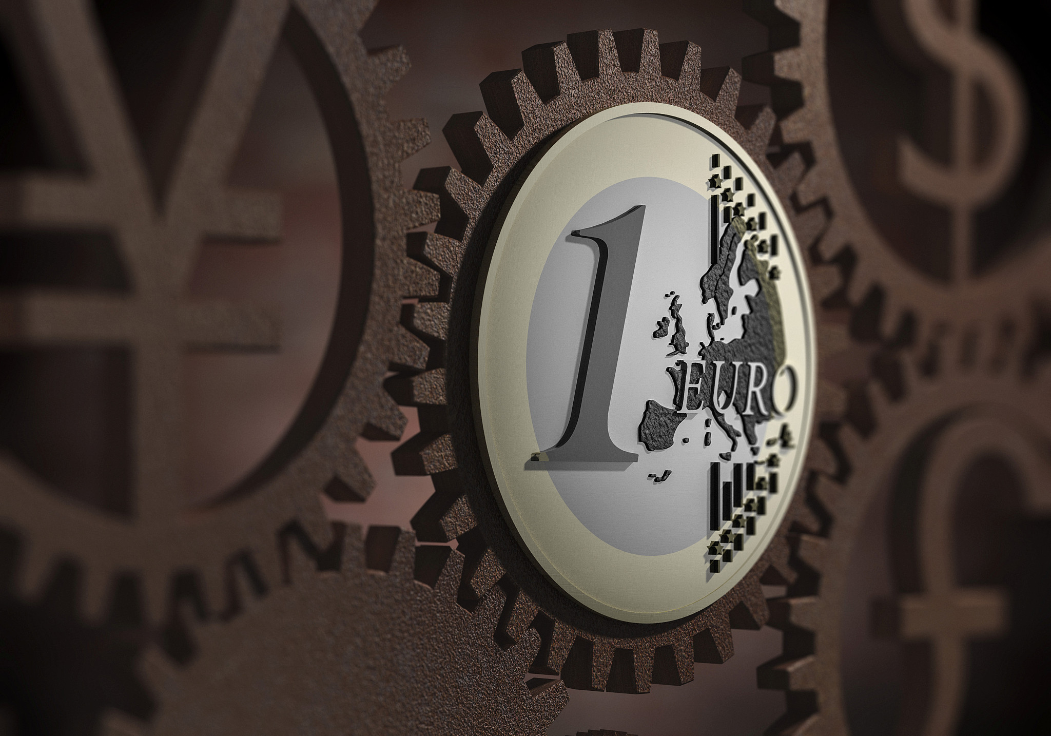euro coin, various currency symbols, cog wheels, illustration