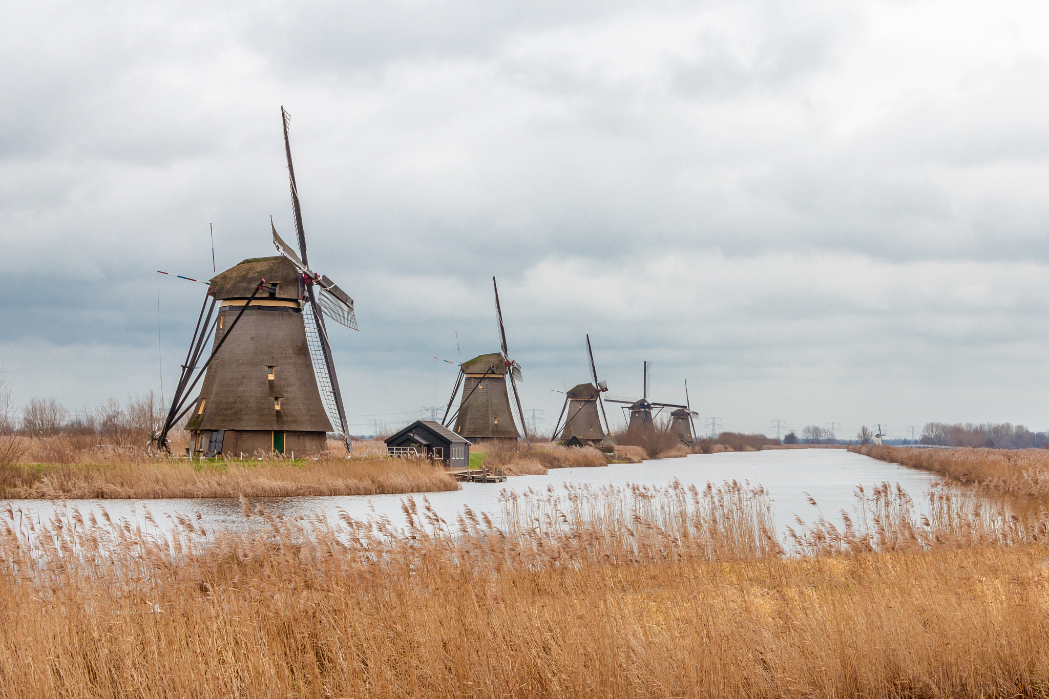 windmills and a heavily cloudy sky in the winter