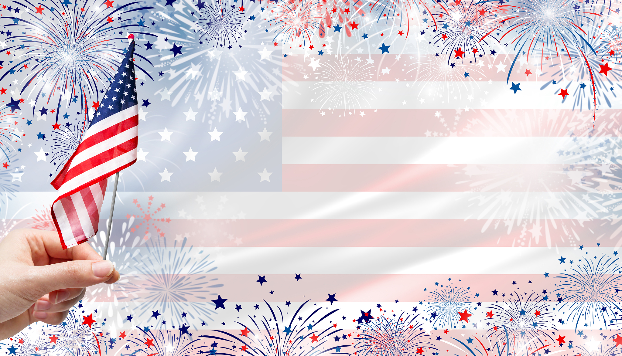 woman hand holding usa flag on fireworks background for 4 july i