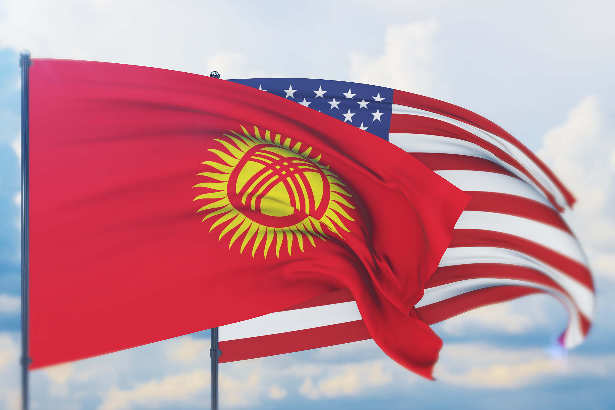 waving american flag and flag of kyrgyzstan. closeup view, 3d il