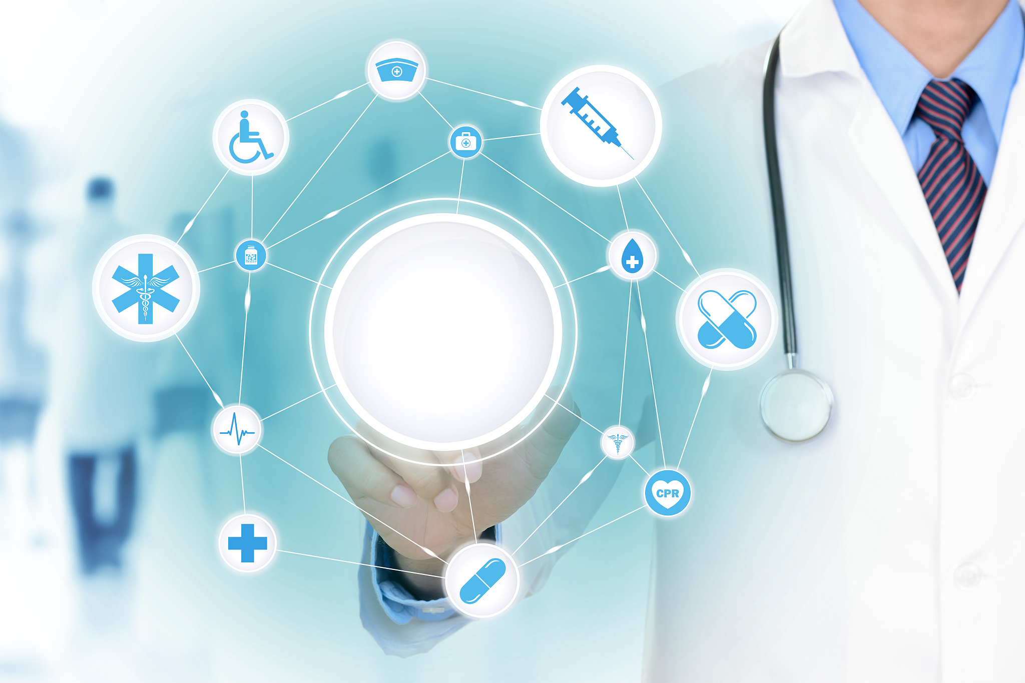 doctor hand touching medical network on virtual screen