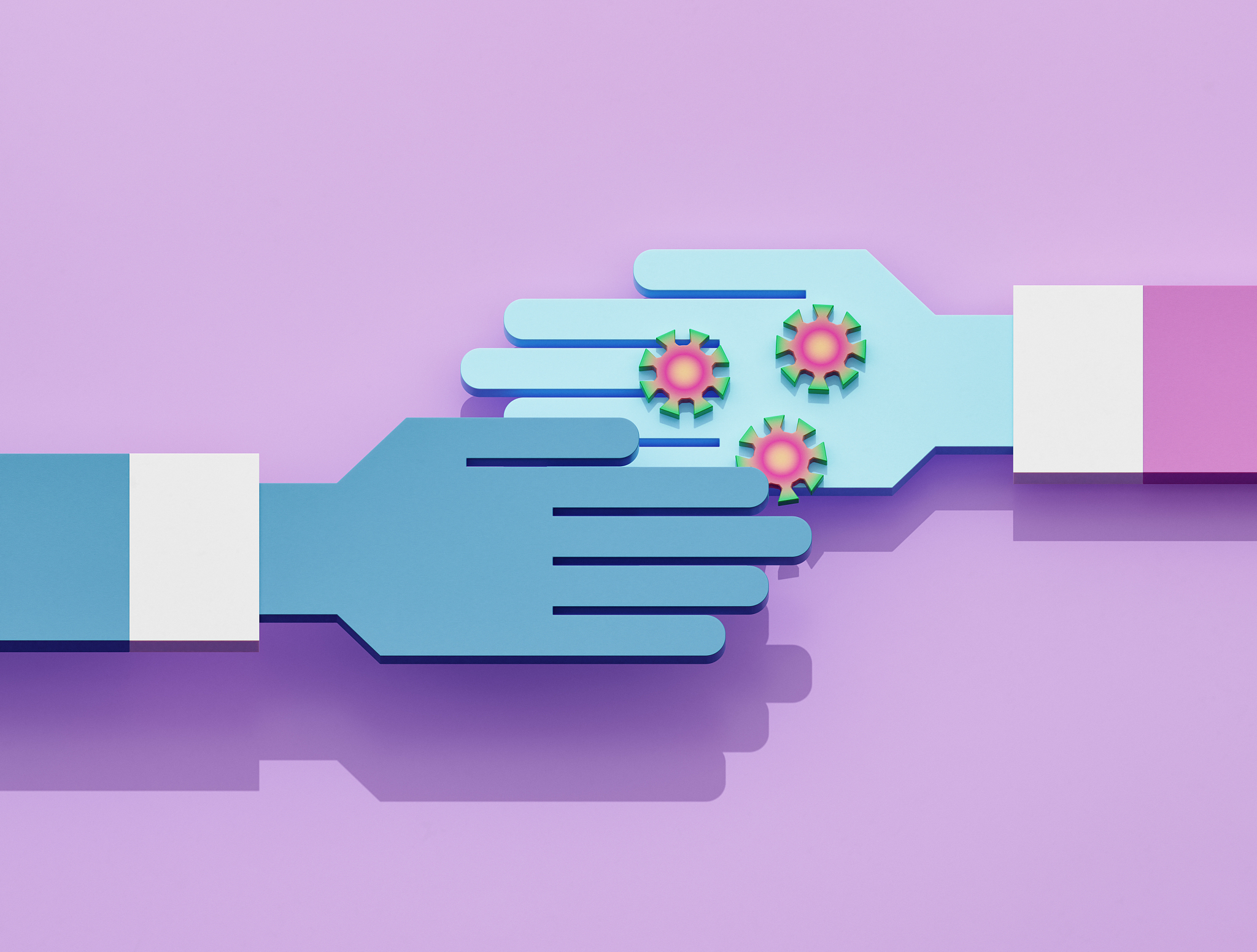two hands, one is covered with viruses