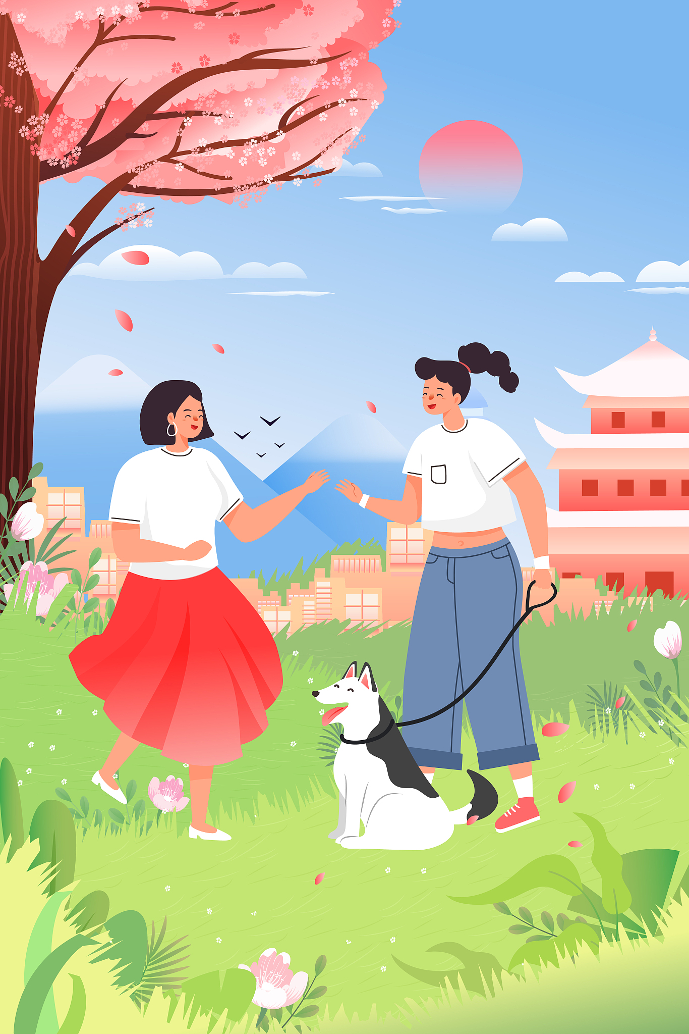 卡通清新妇女节女生节闺蜜出游背景矢量插画